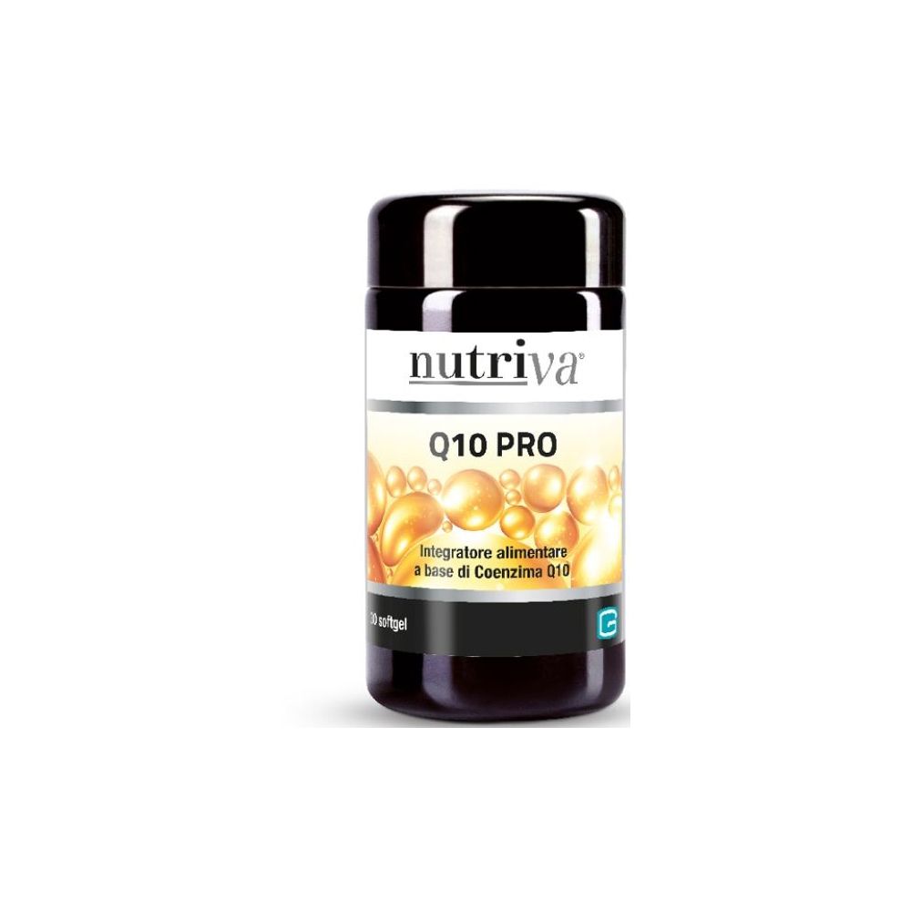 Barattolo nero con etichetta bianca. Scritta: Nutriva, Q10 PRO. Integratore alimentare con coenzima Q10. 30 softgel.