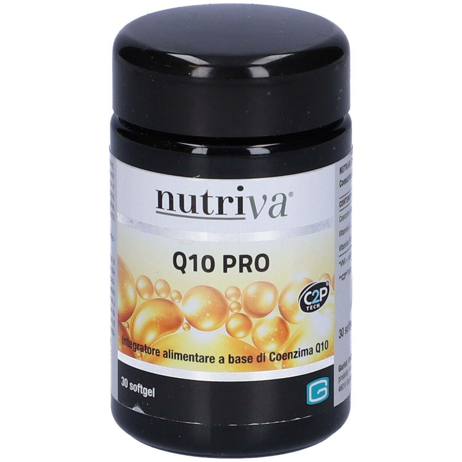 Barattolo nero con etichetta bianca. Scritta: Nutriva, Q10 PRO. Integratore alimentare con coenzima Q10. 30 softgel.