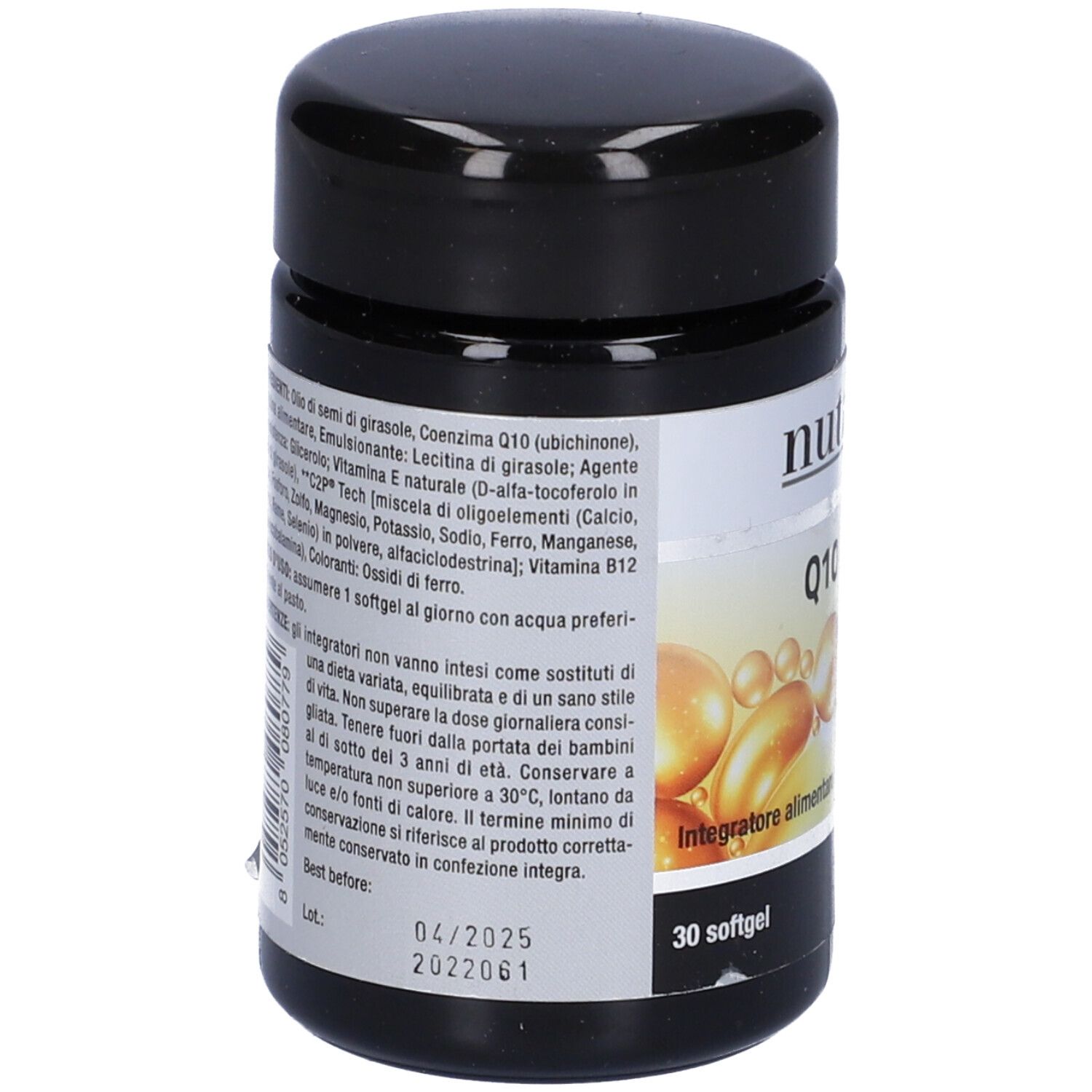 Barattolo nero con elenco ingredienti e informazioni nutrizionali. Scritta: Nutriva, Q10 PRO. 30 softgel. Data di scadenza.
