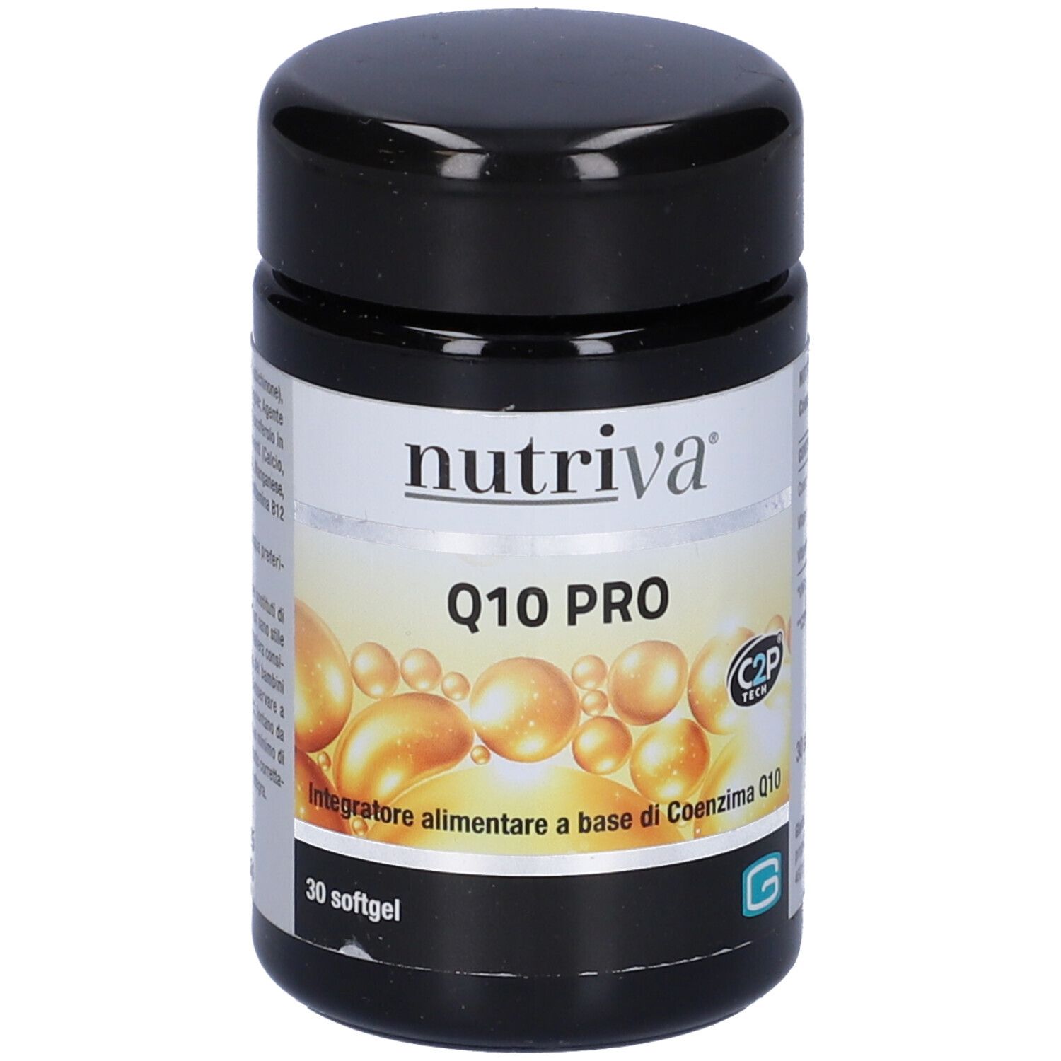 Barattolo nero con etichetta bianca. Scritta: Nutriva, Q10 PRO. Integratore alimentare con coenzima Q10. 30 softgel.