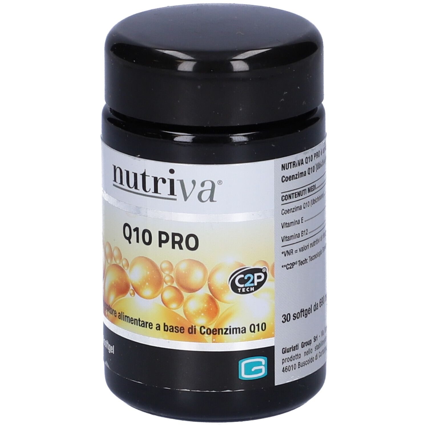 Barattolo nero con etichetta bianca. Scritta: Nutriva, Q10 PRO. Integratore alimentare con coenzima Q10. 30 softgel.