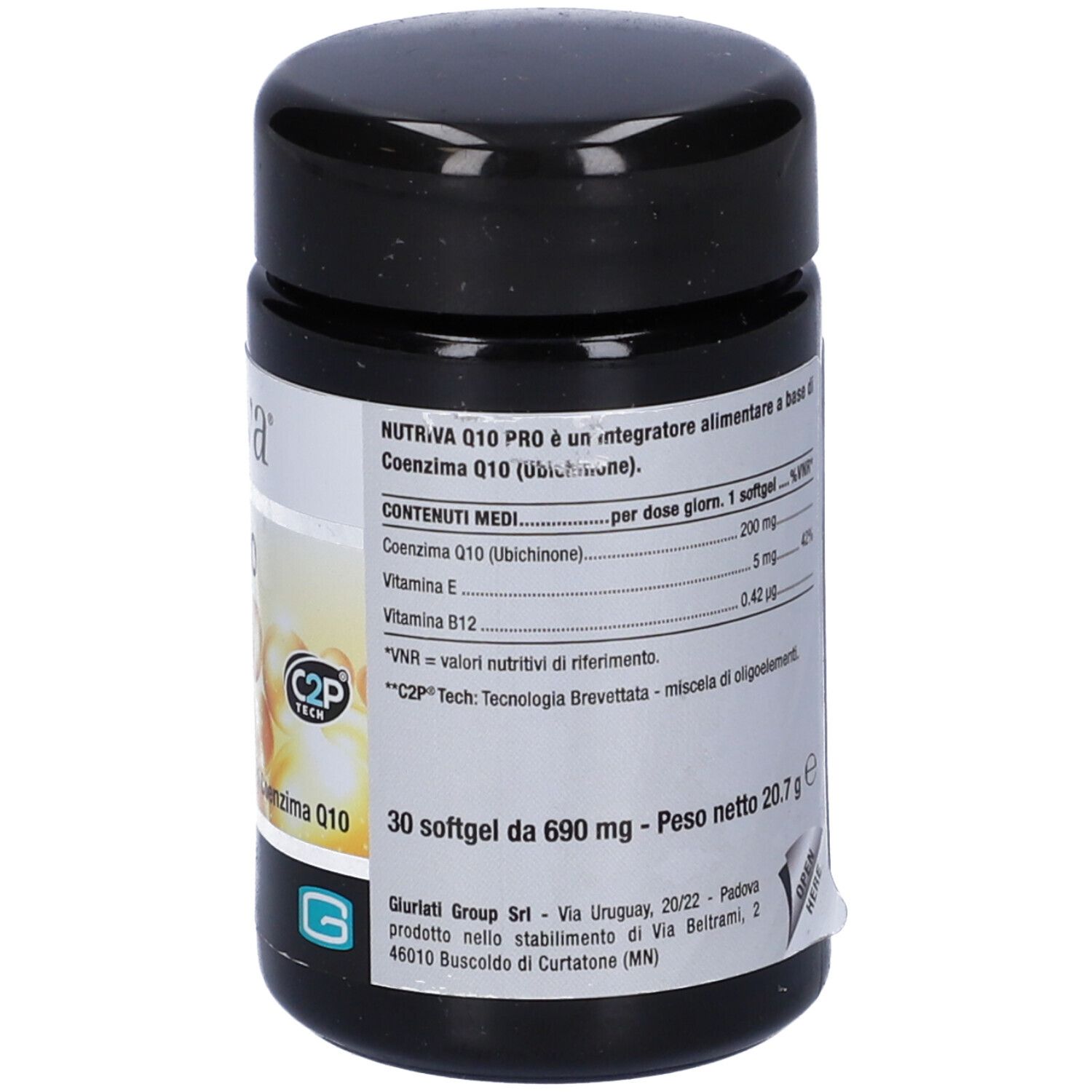 Barattolo nero con etichetta bianca. Scritta: Nutriva, Q10 PRO. Integratore alimentare con coenzima Q10. 30 softgel.