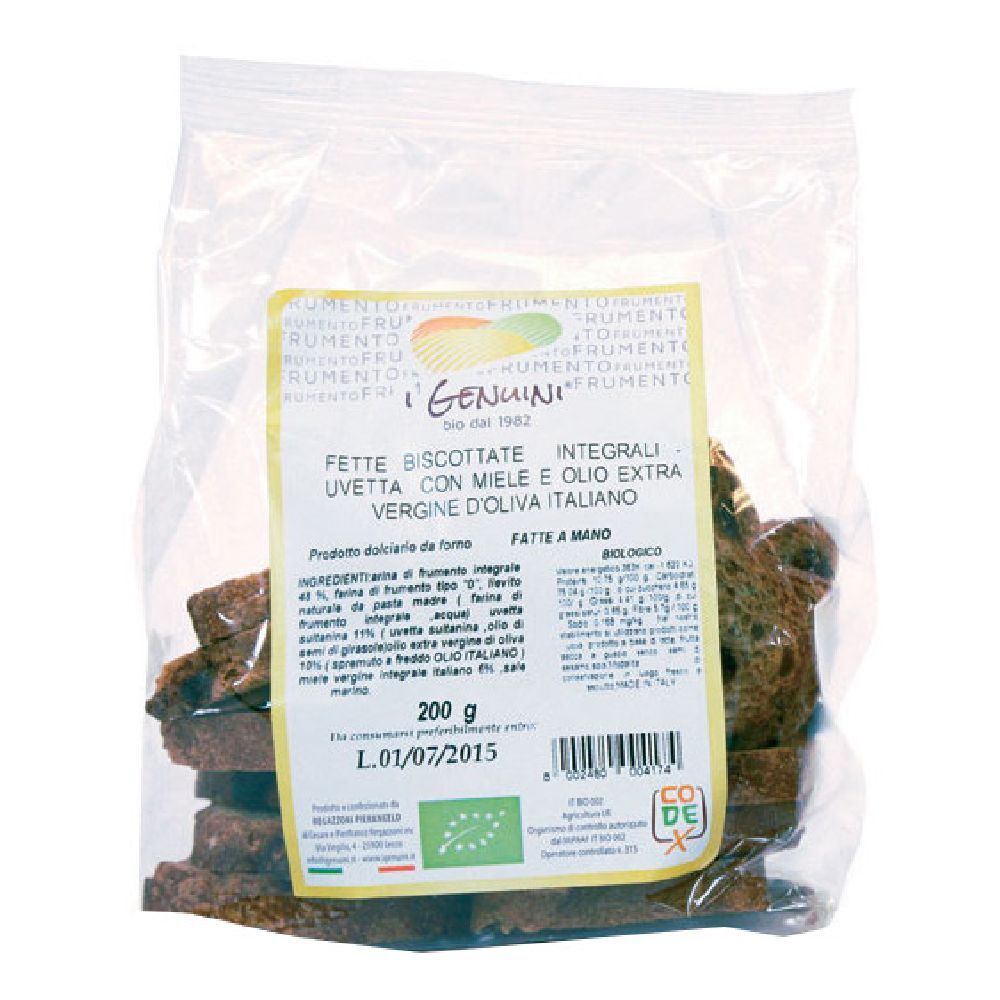 Confezione di 'I Genuini' Fette Biscottate Integrali. Fette di pane con uvetta e olio d'oliva visibili.