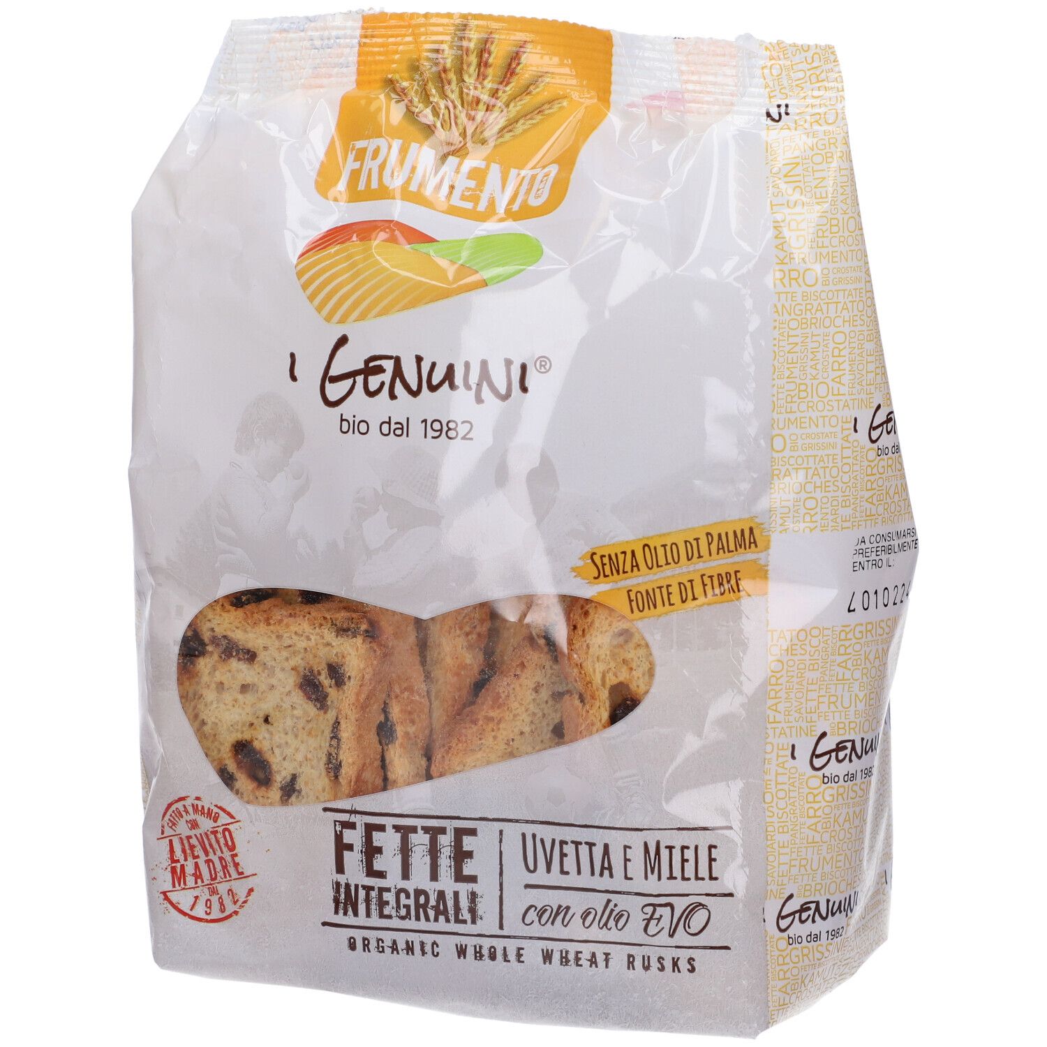 Confezione 'I Genuini' Fette Biscottate Integrali. Fette di pane con uvetta visibili. 'Senza Olio di Palma'.