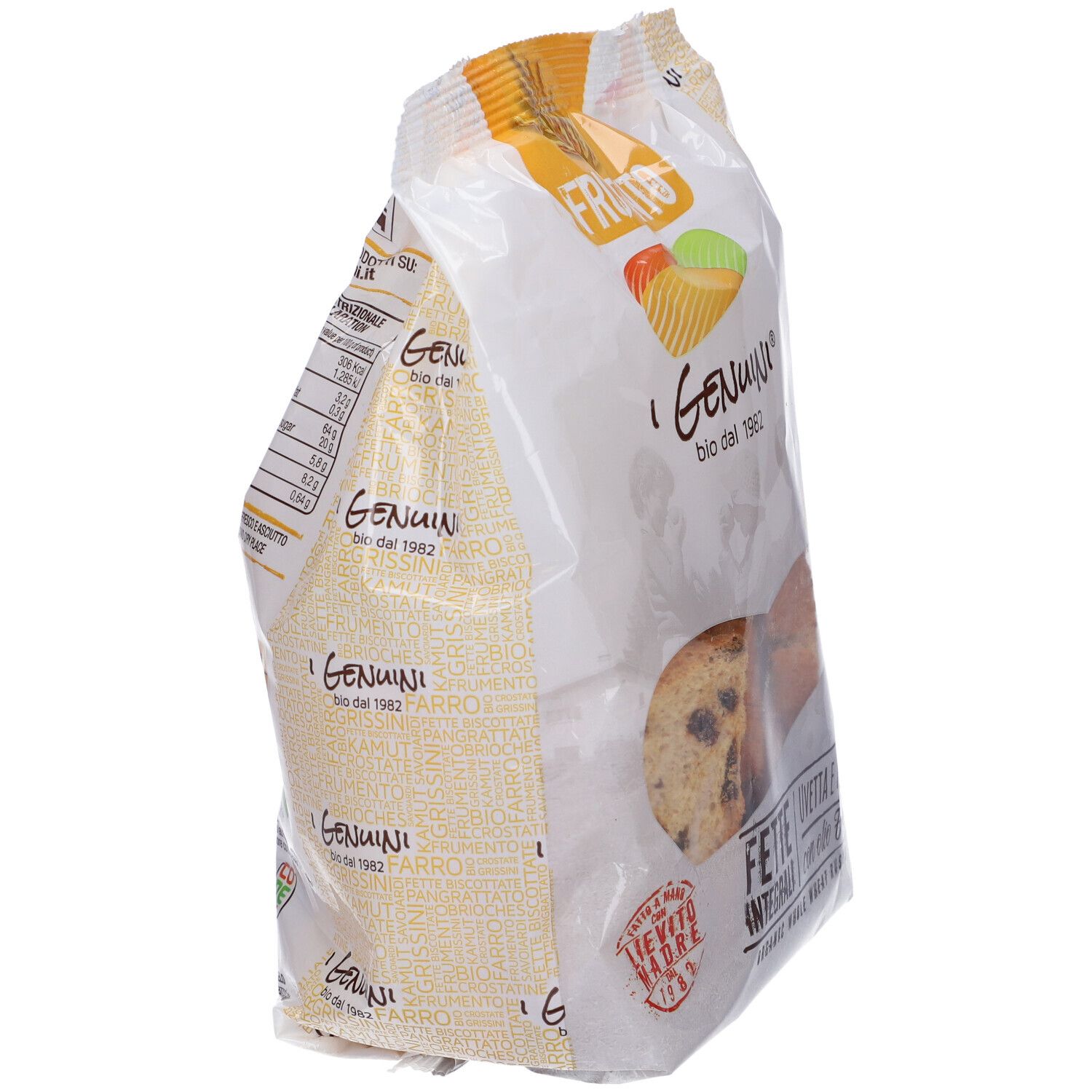 Confezione 'I Genuini' Fette Biscottate Integrali. Vista laterale. Testo: 'I Genuini bio dal 1982'.
