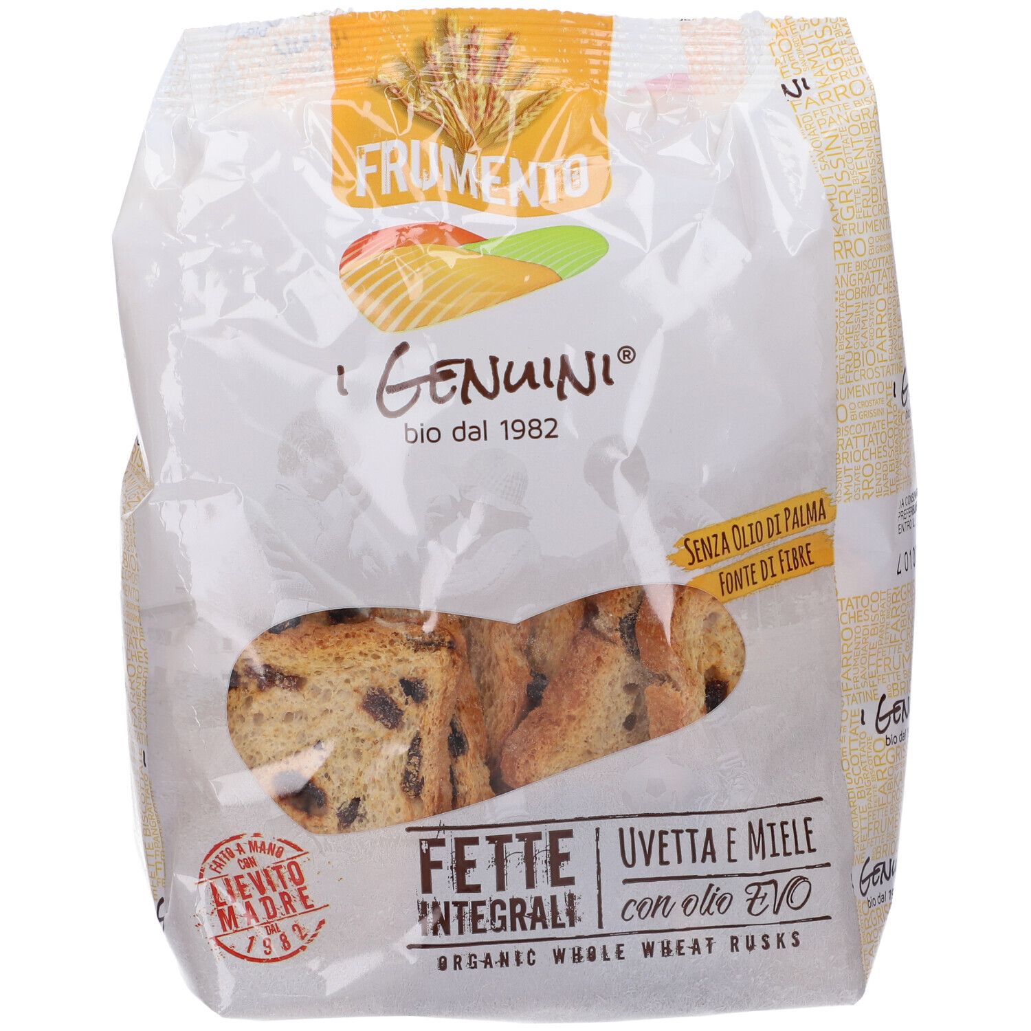 Confezione 'I Genuini' Fette Biscottate Integrali. Fette di pane con uvetta visibili. 'Senza Olio di Palma'.