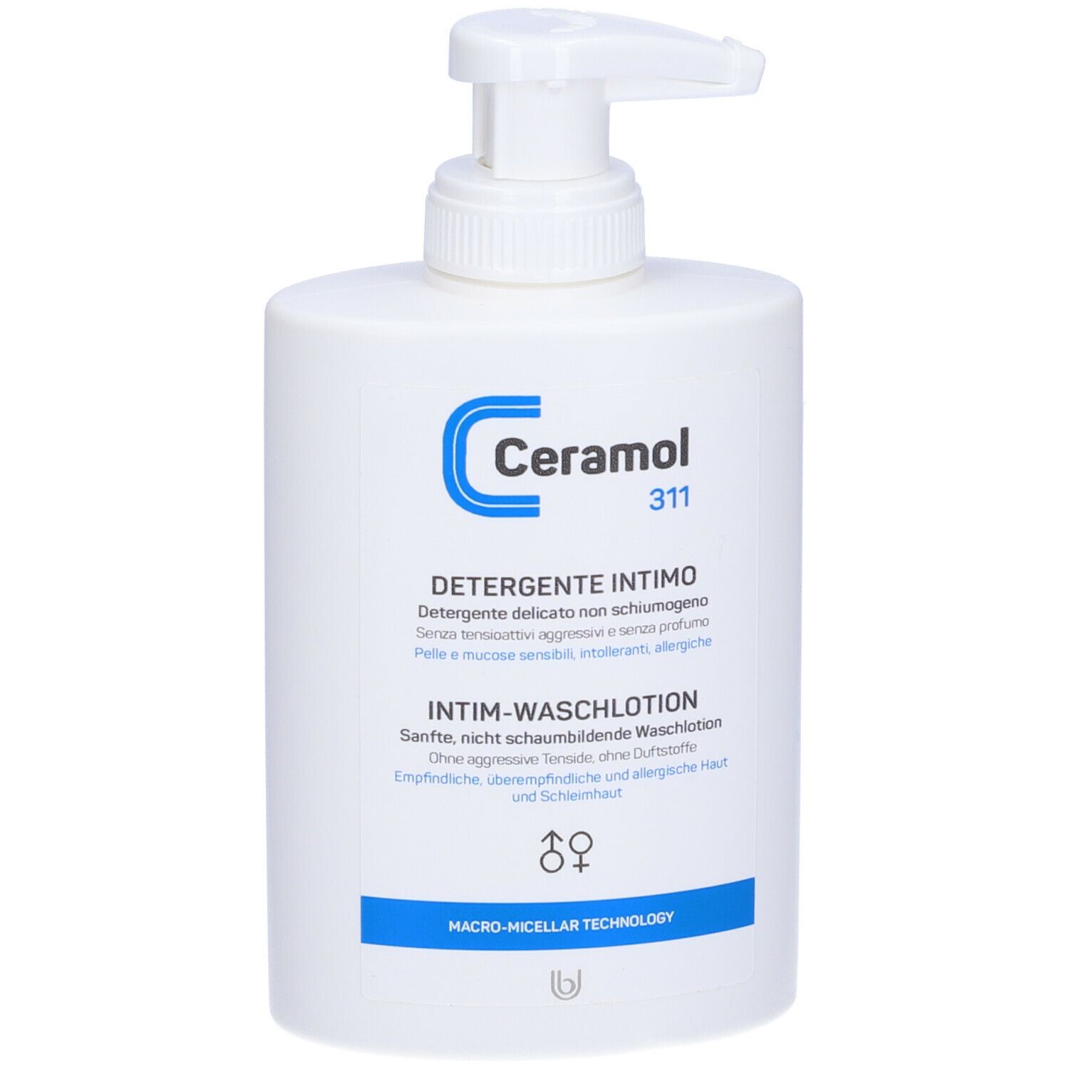 Flacone bianco con dosatore. Scritta blu: Ceramol 311, Detergente Intimo. Per pelli sensibili. Senza profumo.