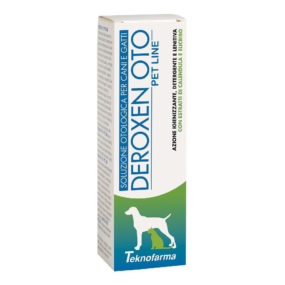 Scatola con stampa del prodotto. Scritta: Deroxen Oto Pet Line. Illustrazione cane e gatto. Produttore: Teknofarma.