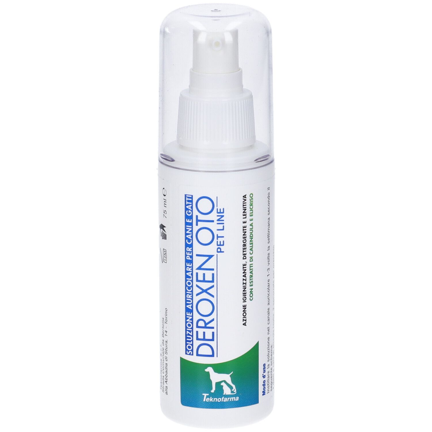 Flacone spray bianco con cappuccio trasparente. Scritta: Deroxen Oto Pet Line. Produttore: Teknofarma. 75 ml.