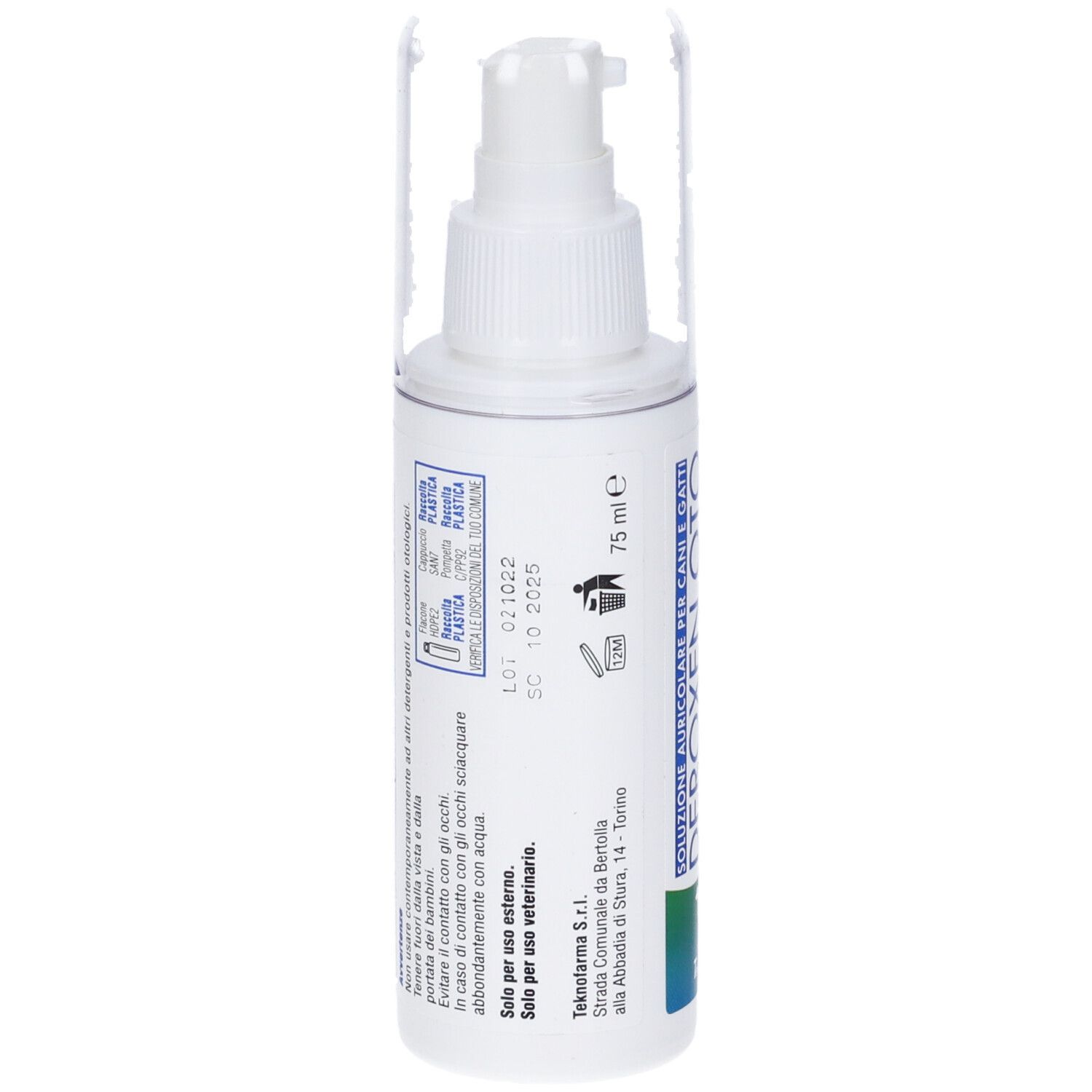 Flacone spray bianco con cappuccio trasparente. Scritta: Deroxen Oto Pet Line. Produttore: Teknofarma. 75 ml. Testo sul retro.