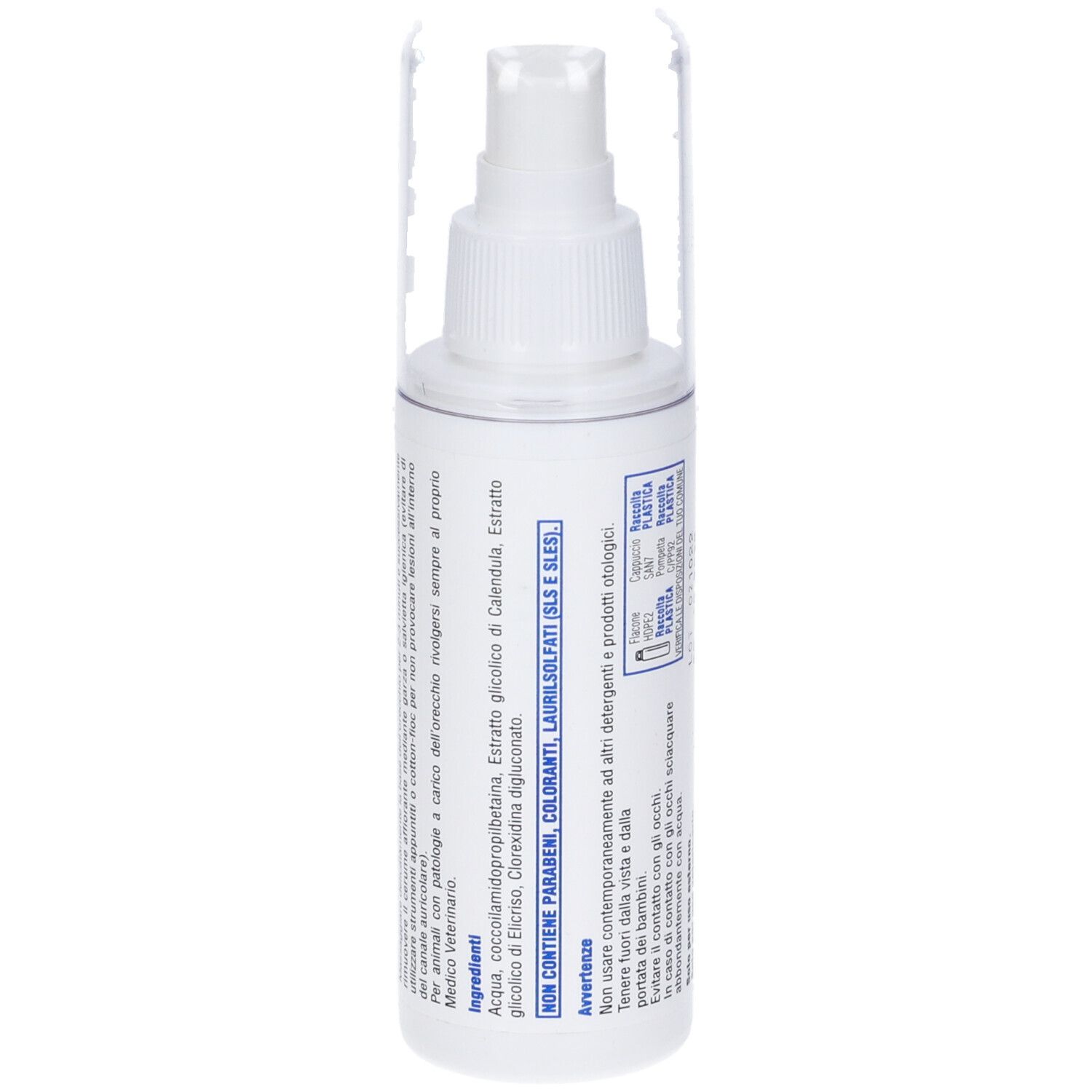 Flacone spray bianco con cappuccio trasparente. Scritta: Deroxen Oto Pet Line. Produttore: Teknofarma. Testo sul retro.