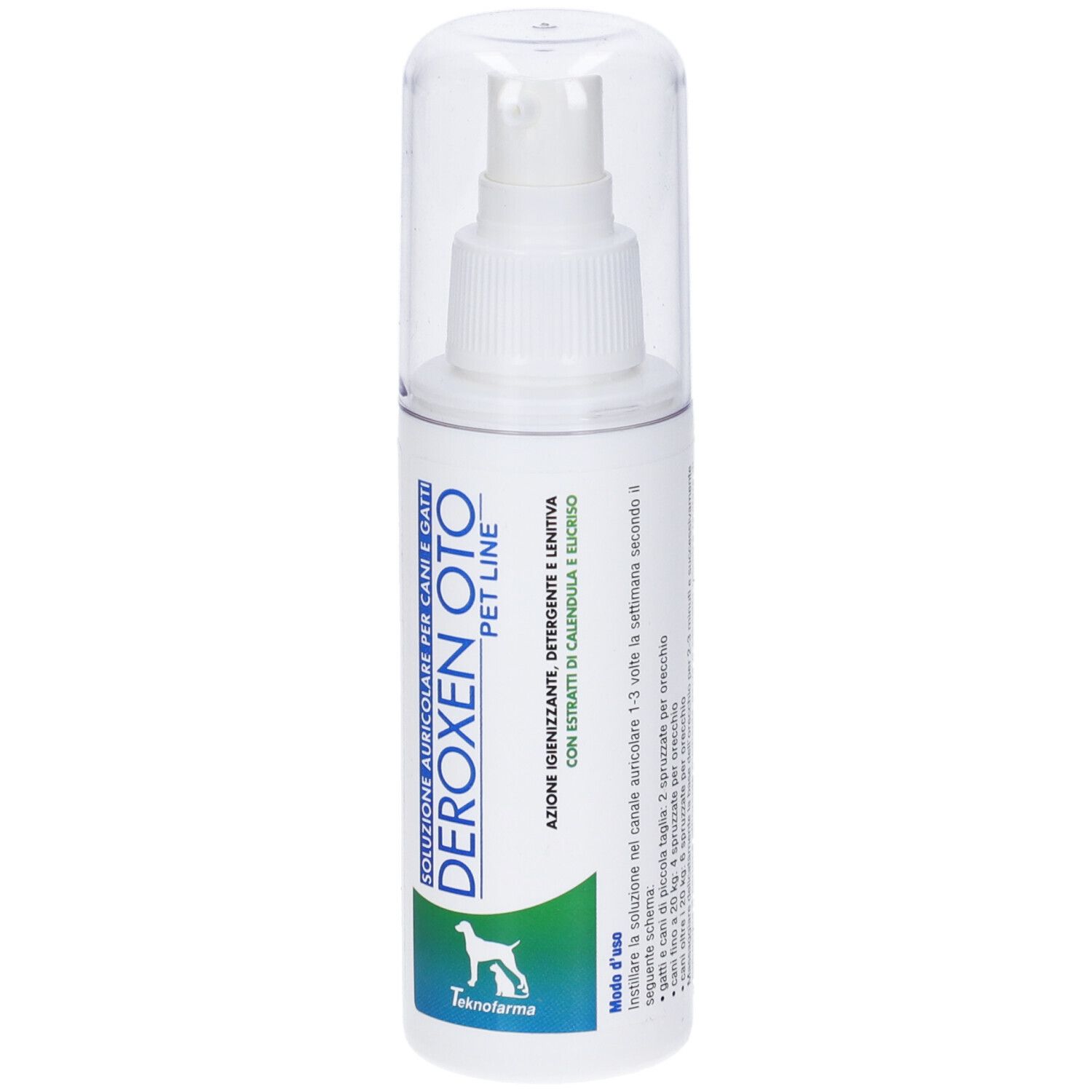 Flacone spray bianco con cappuccio trasparente. Scritta: Deroxen Oto Pet Line. Produttore: Teknofarma. 75 ml.