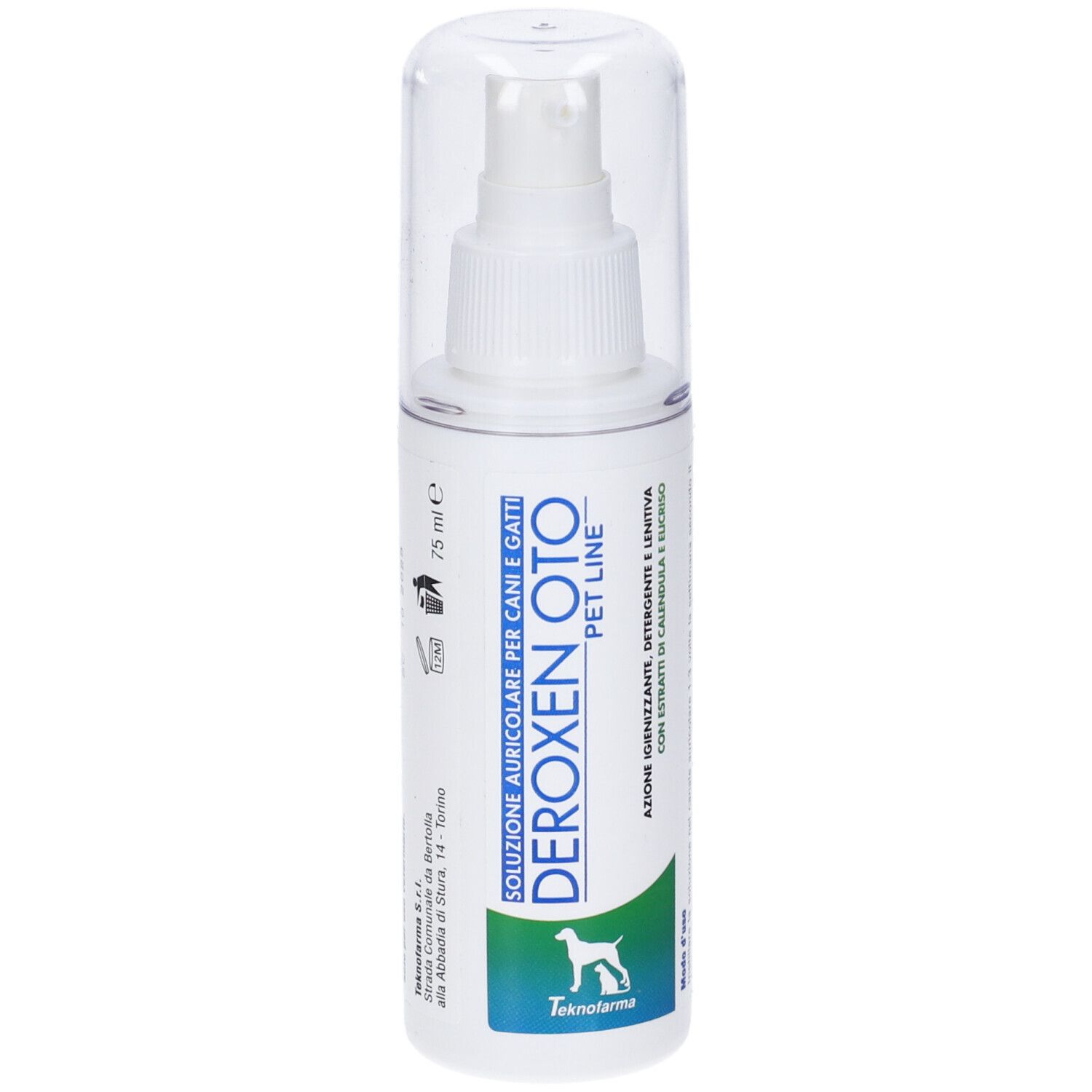 Flacone spray bianco con cappuccio trasparente. Scritta: Deroxen Oto Pet Line. Produttore: Teknofarma. 75 ml.