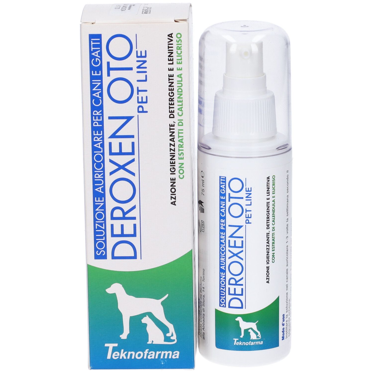 Confezione del prodotto e flacone. Scritta: Deroxen Oto Pet Line. Produttore: Teknofarma. 75 ml.