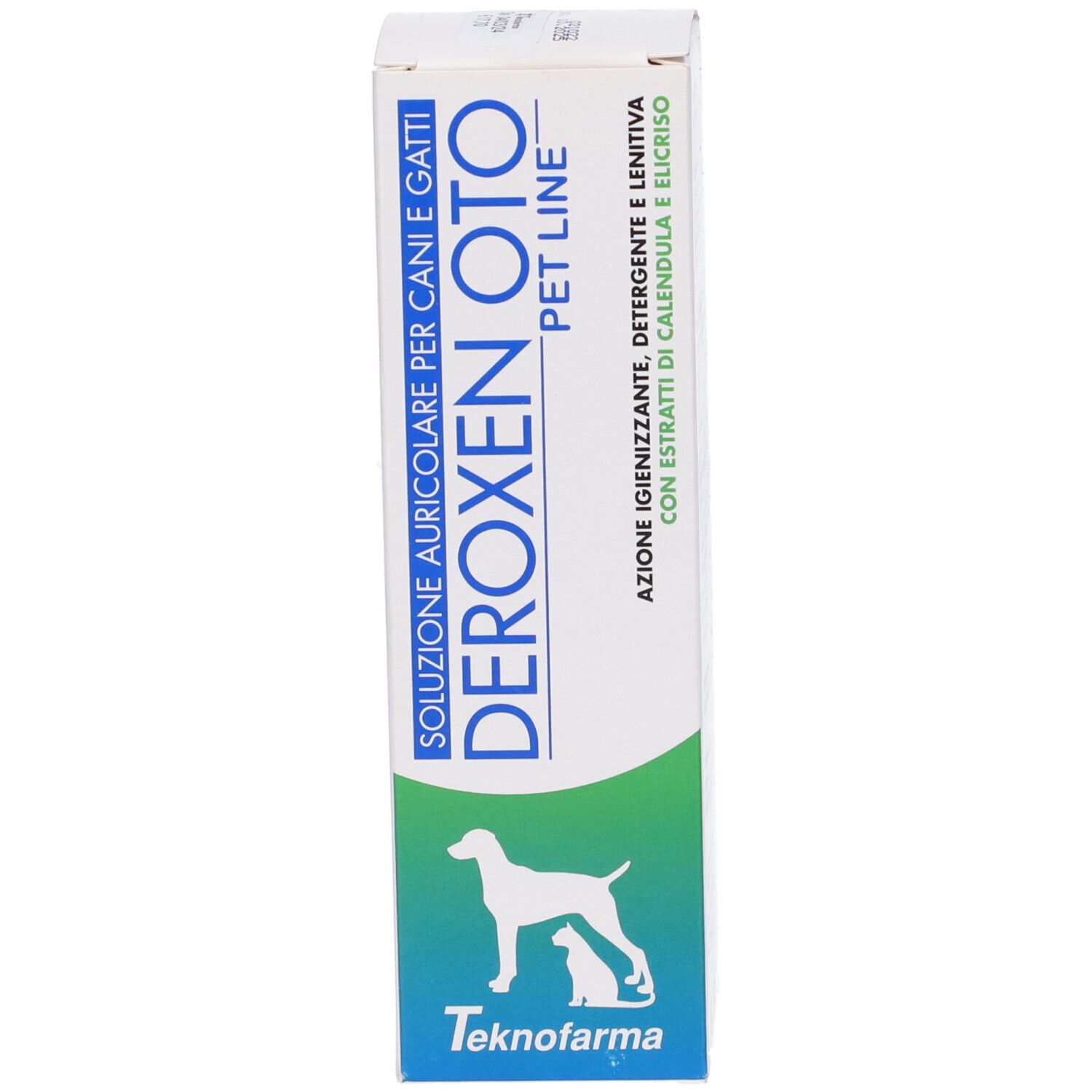 Scatola con stampa del prodotto. Scritta: Deroxen Oto Pet Line. Illustrazione cane e gatto. Produttore: Teknofarma.