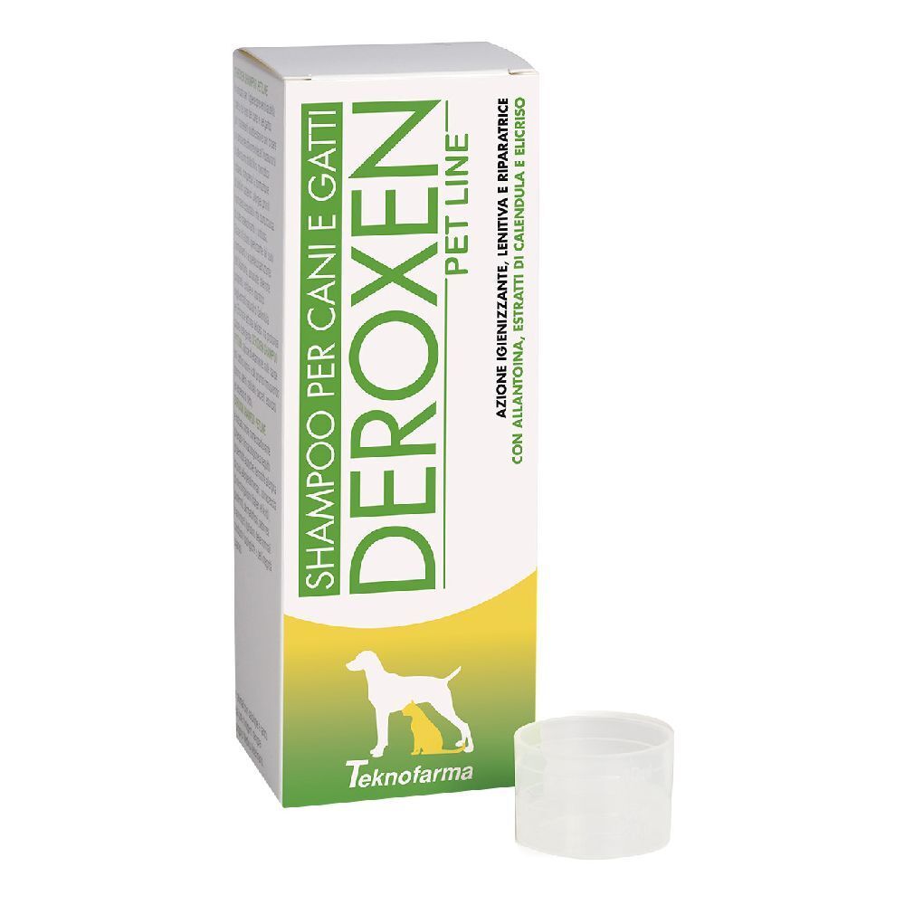 Confezione di shampoo per cani e gatti. Bianco, verde e giallo. Nome del prodotto e logo.