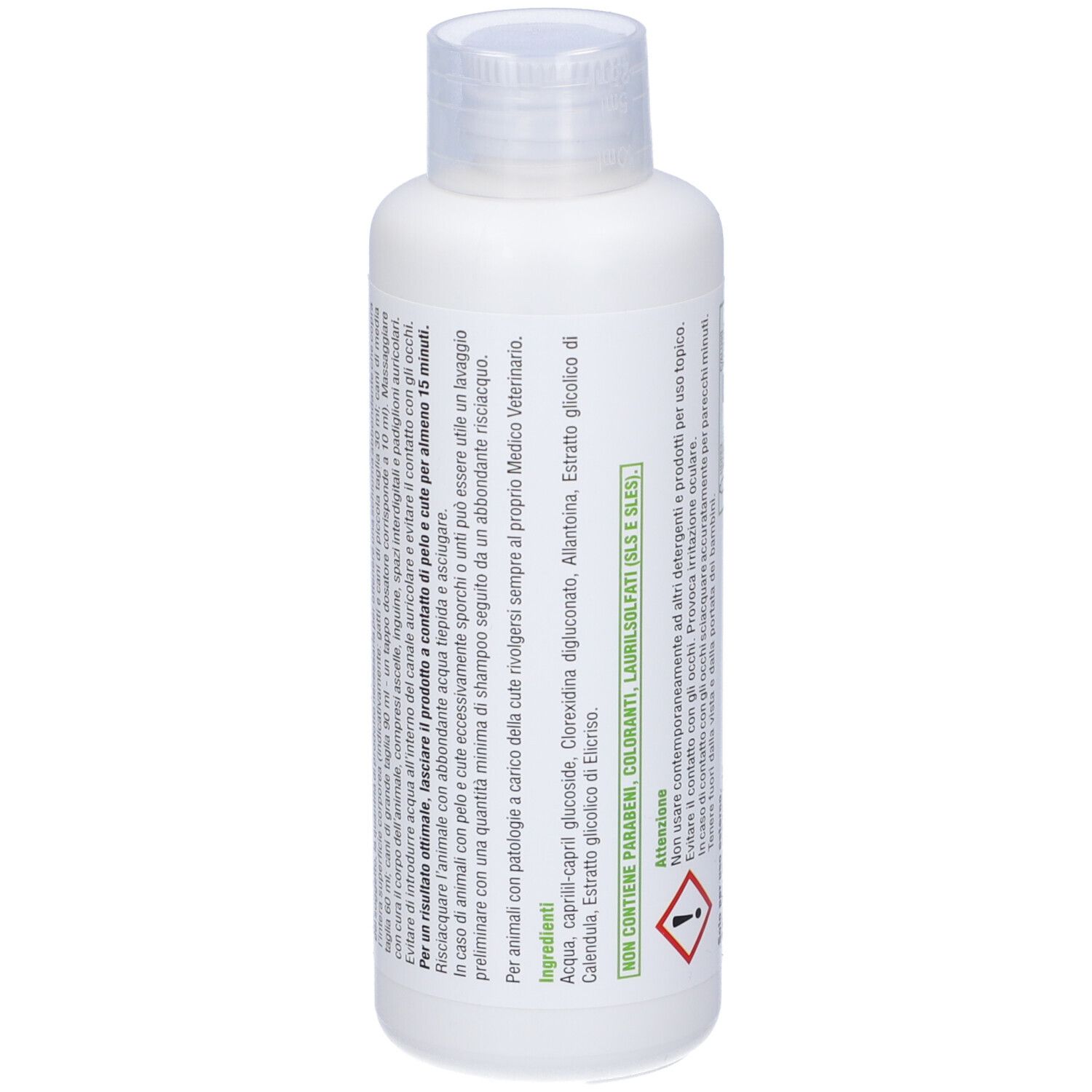 Retro di un flacone di shampoo bianco per cani e gatti. Con testo e loghi.