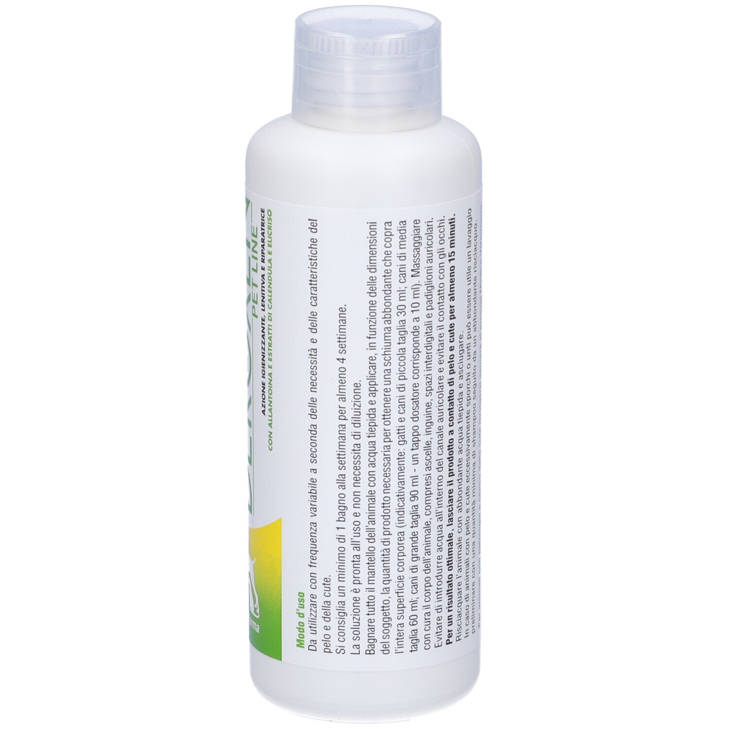 Retro di un flacone di shampoo bianco per cani e gatti. Con testo e loghi.