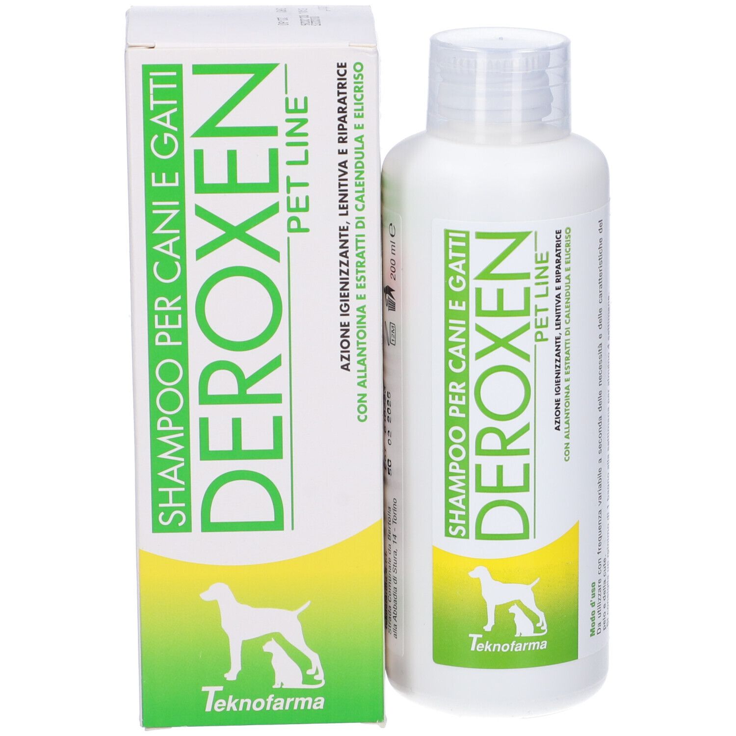 Confezione e flacone di shampoo per cani e gatti. Bianco, verde e giallo. Nome del prodotto e logo.