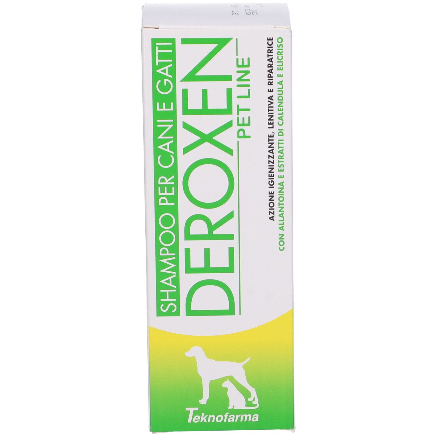 Confezione di shampoo per cani e gatti. Bianco, verde e giallo. Nome del prodotto e logo.