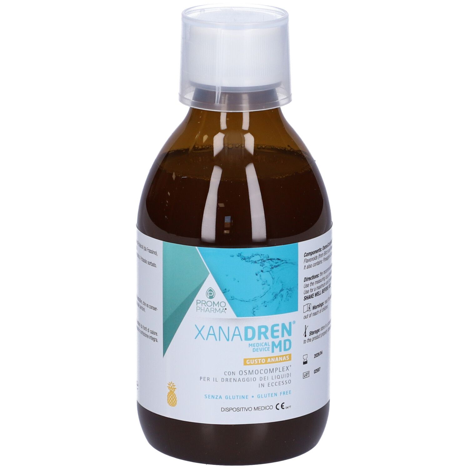 Bottiglia marrone, tappo bianco. Scritta: XANADREN MD, PromoPharma. Gusto ananas. Con Osmocomplex.