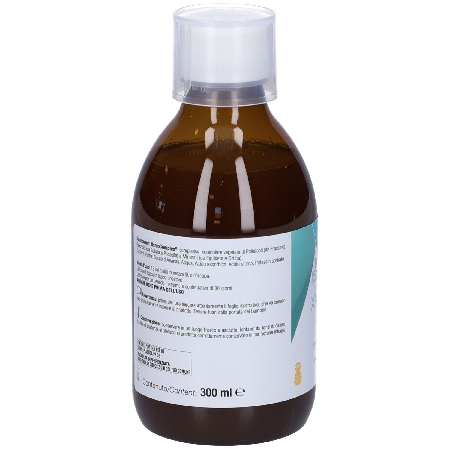 Bottiglia marrone, tappo bianco. Retro con ingredienti e istruzioni per l'uso. 300 ml.