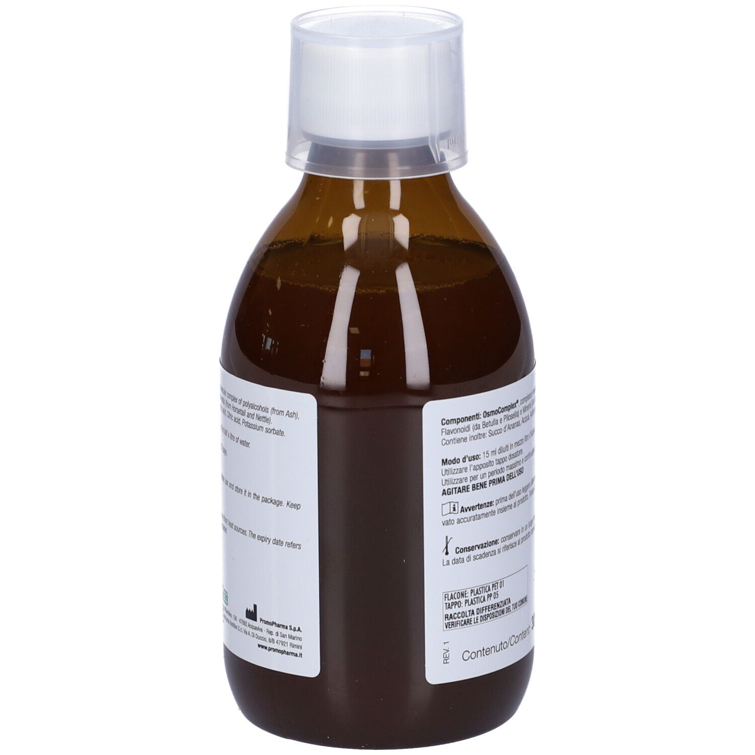 Bottiglia marrone, tappo bianco. Retro con ingredienti e istruzioni per l'uso.