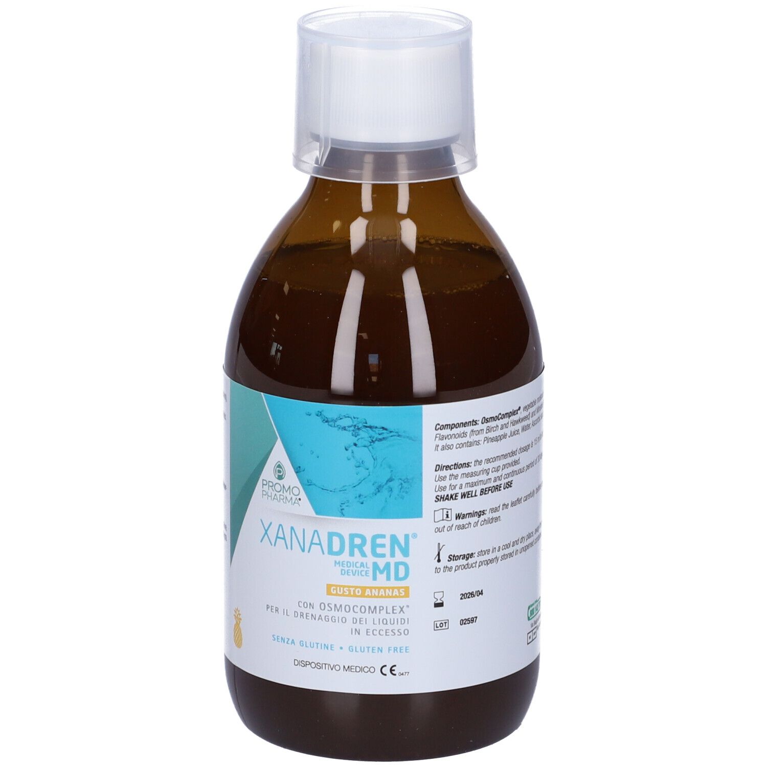 Bottiglia marrone, tappo bianco. Scritta: XANADREN MD, PromoPharma. Gusto ananas. Con Osmocomplex.