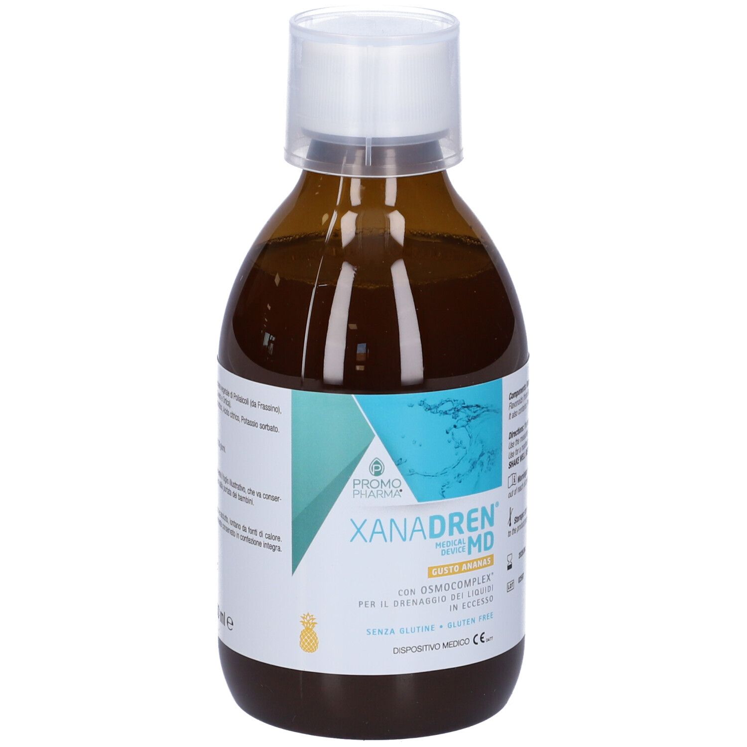 Bottiglia marrone, tappo bianco. Scritta: XANADREN MD, PromoPharma. Gusto ananas. Con Osmocomplex.