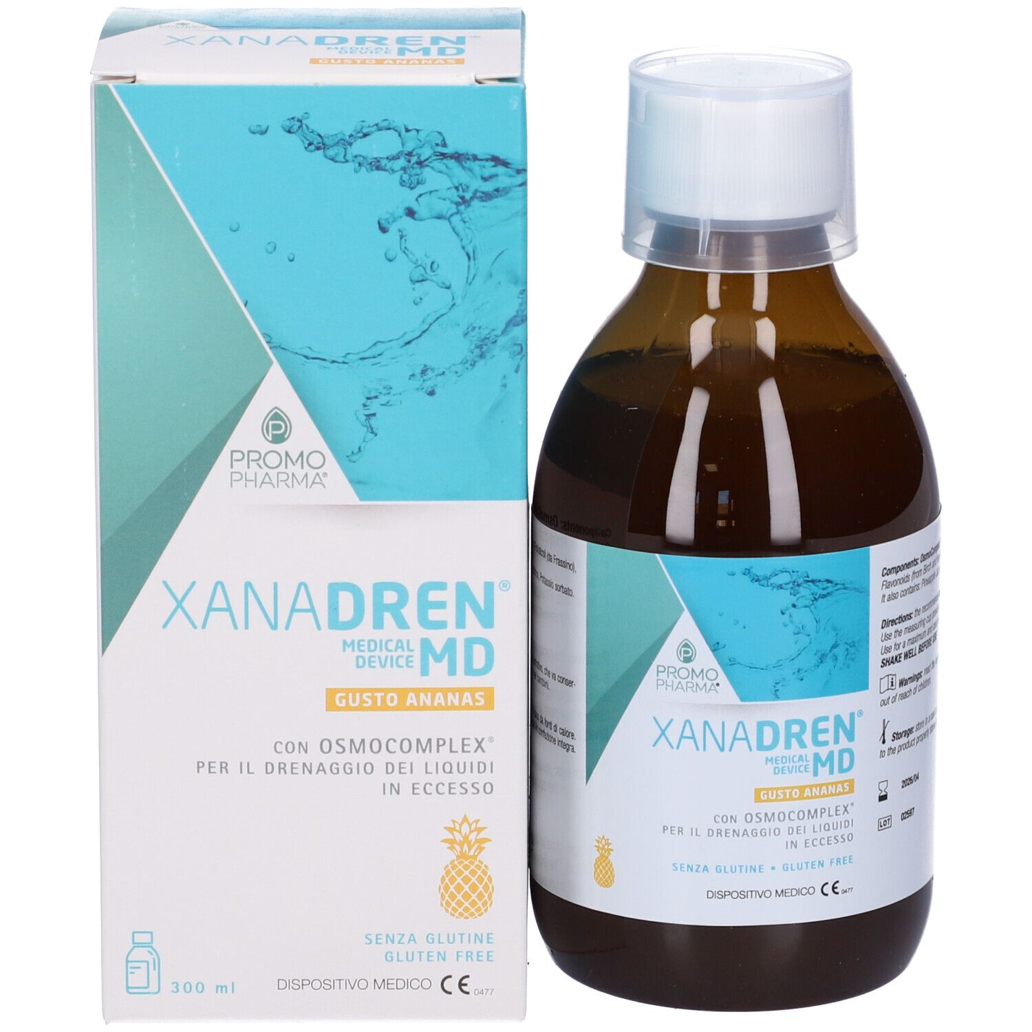 Bottiglia marrone e confezione. Scritta: XANADREN MD, PromoPharma. Gusto ananas. Con Osmocomplex.
