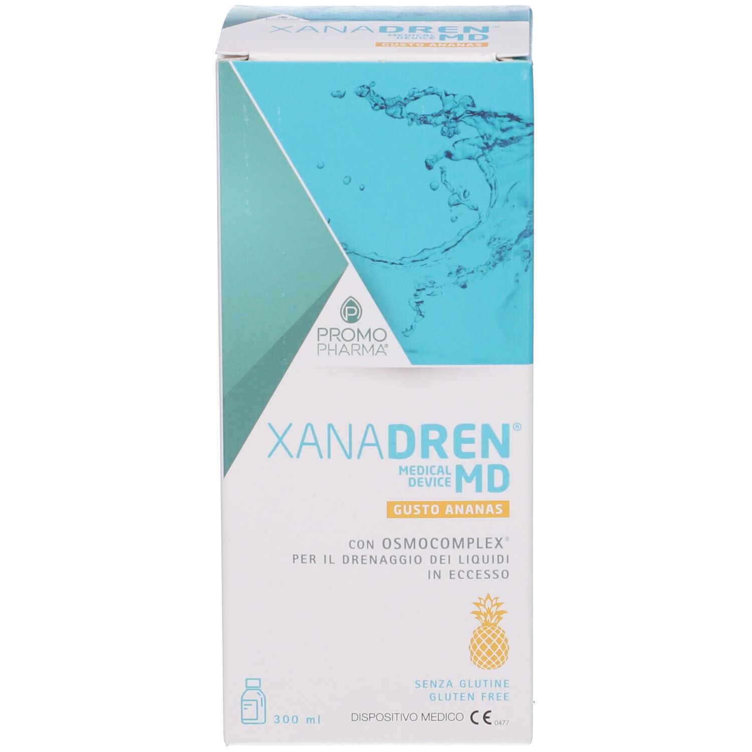 Confezione. Scritta: XANADREN MD, PromoPharma. Gusto ananas. Con Osmocomplex. 300 ml.
