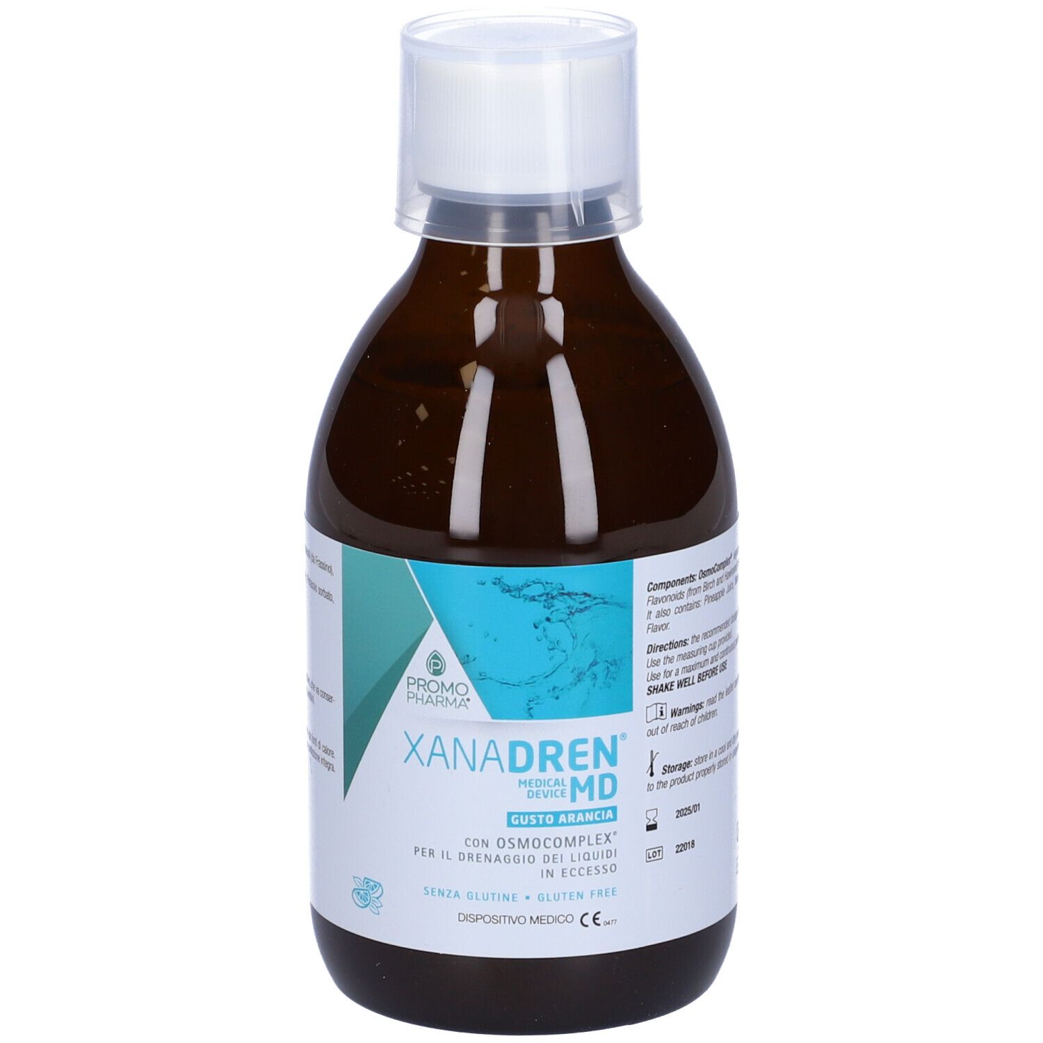Flacone marrone con tappo bianco. Etichetta con nome prodotto XANADREN MD Arancia e logo. Dispositivo medico.