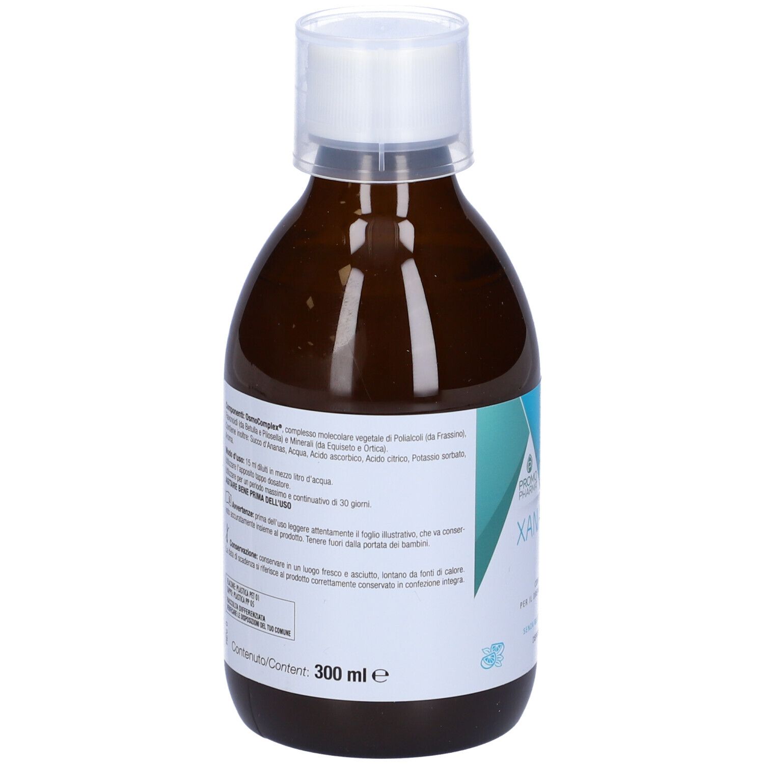 Retro del flacone marrone. Etichetta con ingredienti, istruzioni per l'uso e avvertenze. 300 ml.