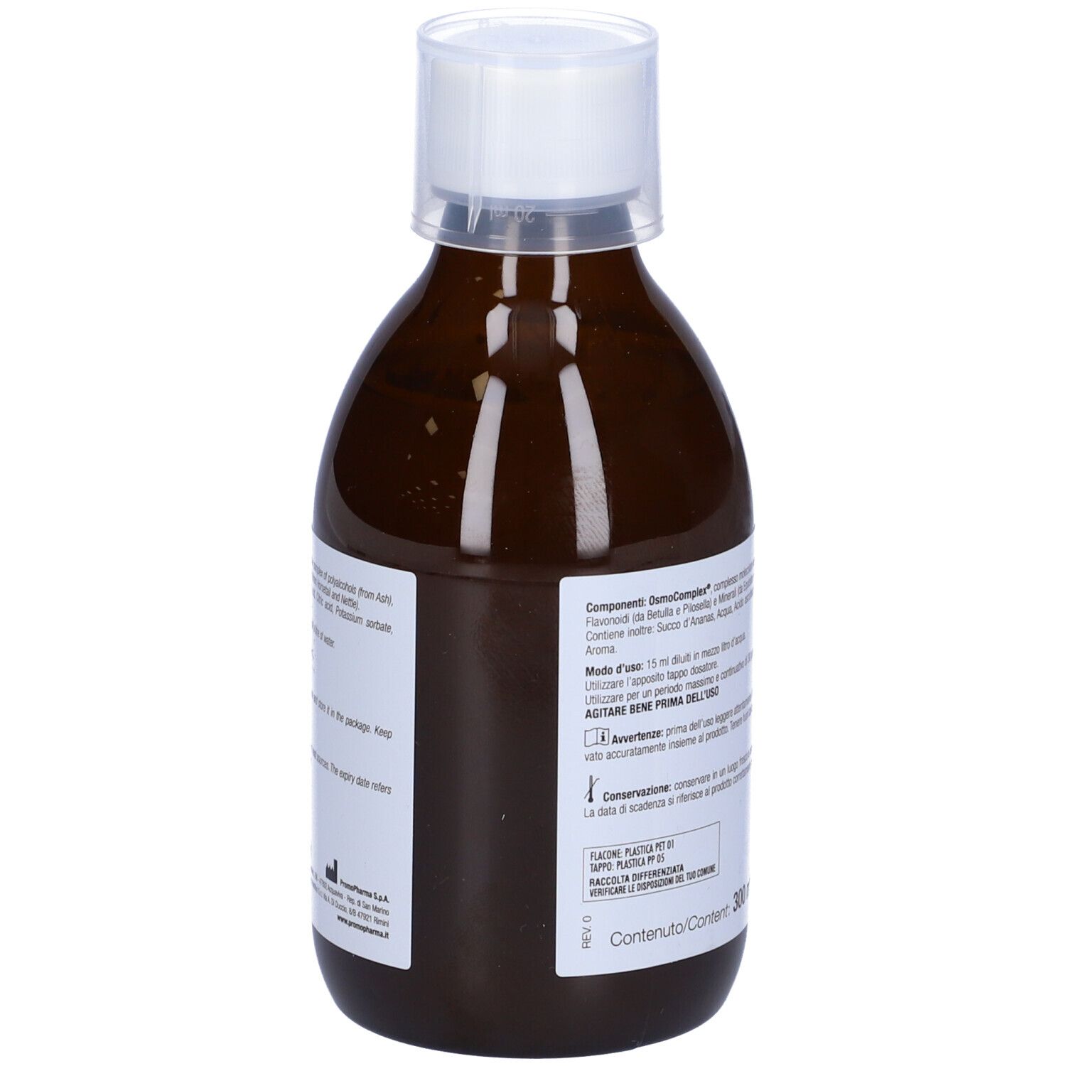 Retro del flacone marrone. Etichetta con ingredienti, istruzioni per l'uso e avvertenze. 300 ml.