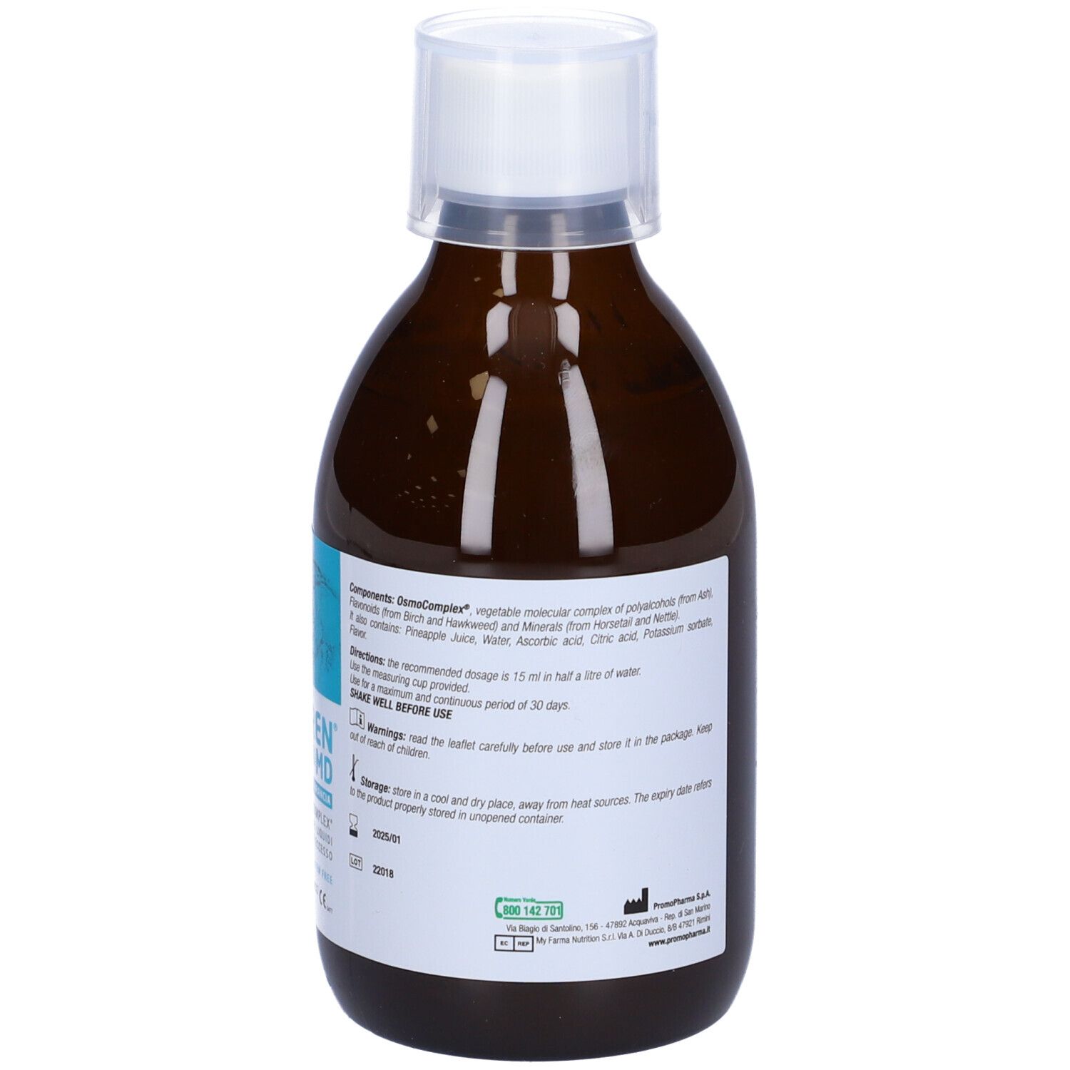 Retro del flacone marrone. Etichetta con ingredienti, istruzioni per l'uso e avvertenze. 300 ml.