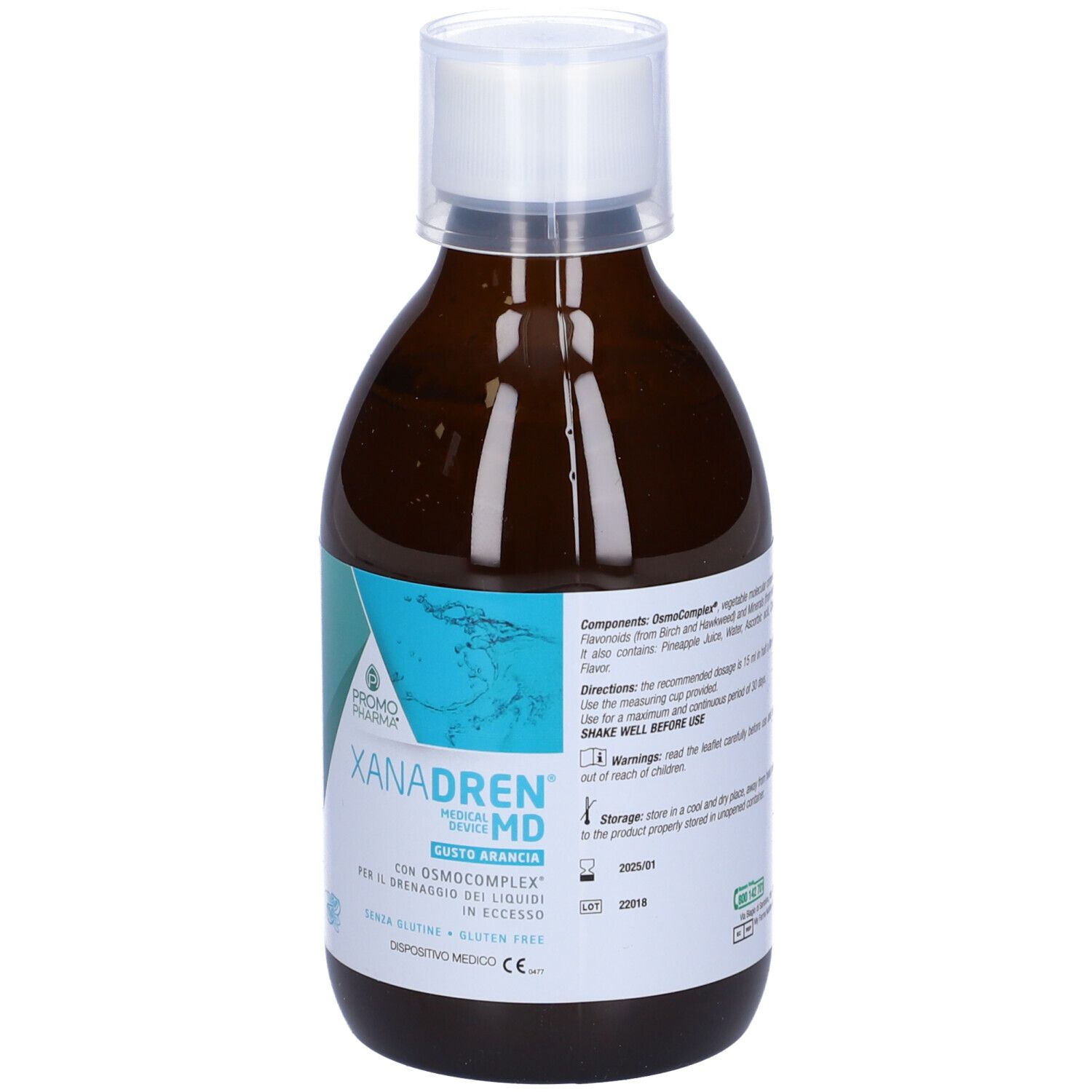 Flacone marrone con tappo bianco. Etichetta con nome prodotto XANADREN MD Arancia e logo. Dispositivo medico.