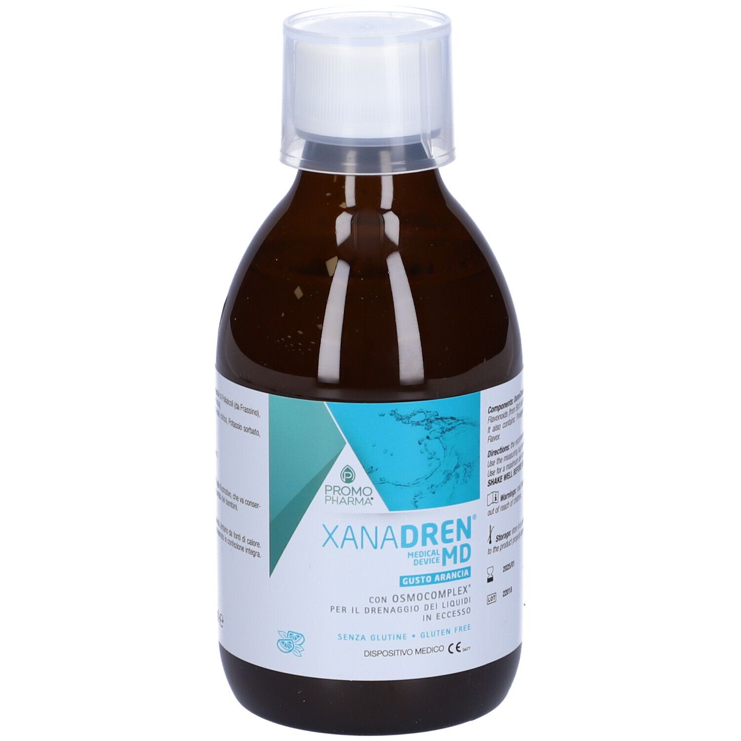 Flacone marrone con tappo bianco. Etichetta con nome prodotto XANADREN MD Arancia e logo. Dispositivo medico.