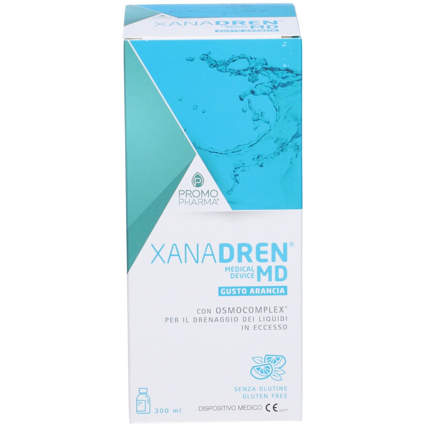 Confezione del prodotto. Scatola con nome prodotto XANADREN MD Arancia e logo. 300 ml.