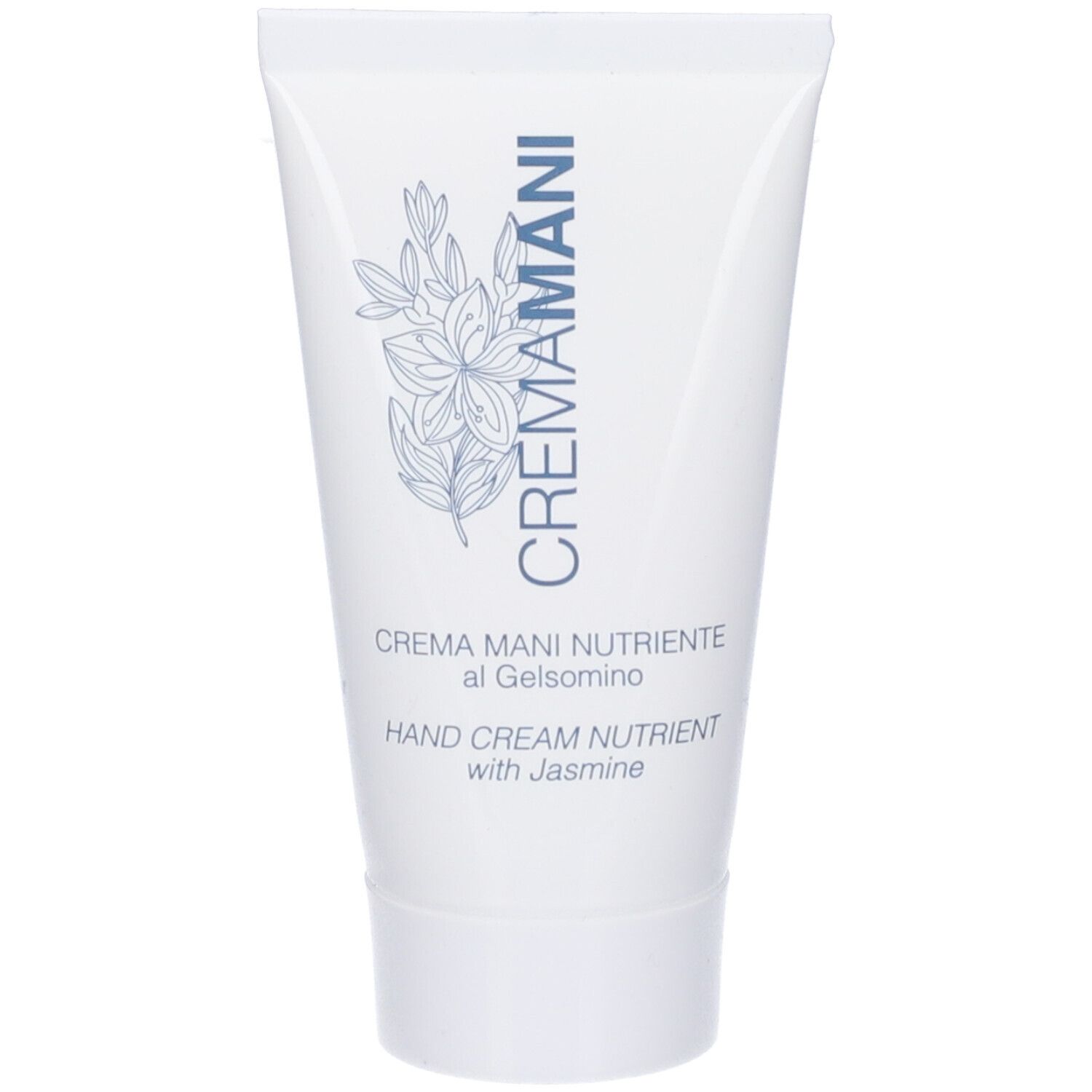 Tubo bianco con scritta CREMAMANI e design floreale. Testo: CREMA MANI NUTRIENTE al Gelsomino, Hand Cream Nutrient with Jasmine.