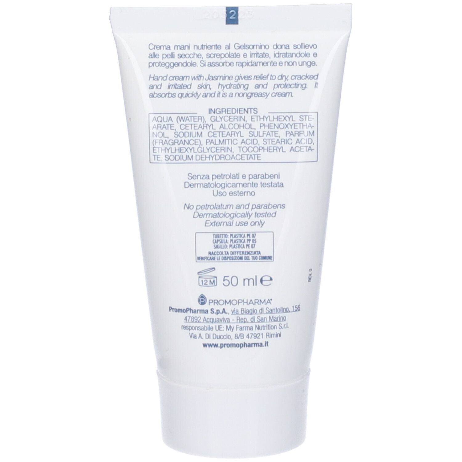 Retro del tubo bianco. Testo: Ingredienti, dermatologicamente testato, 50 ml. Logo PromoPharma.