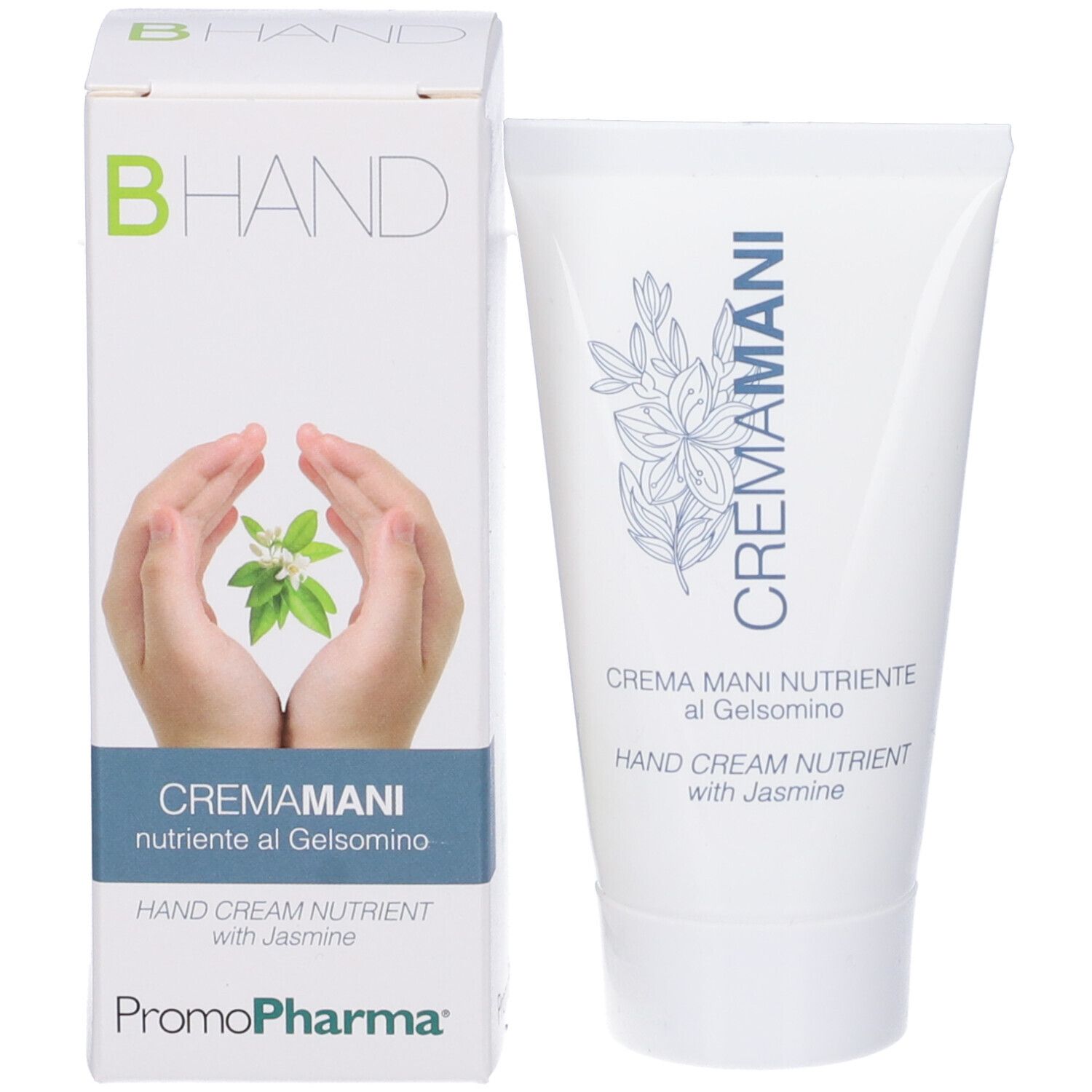 Confezione del prodotto con tubo e scatola. Scatola con mani e fiore. Testo: CREMAMANI, PromoPharma.