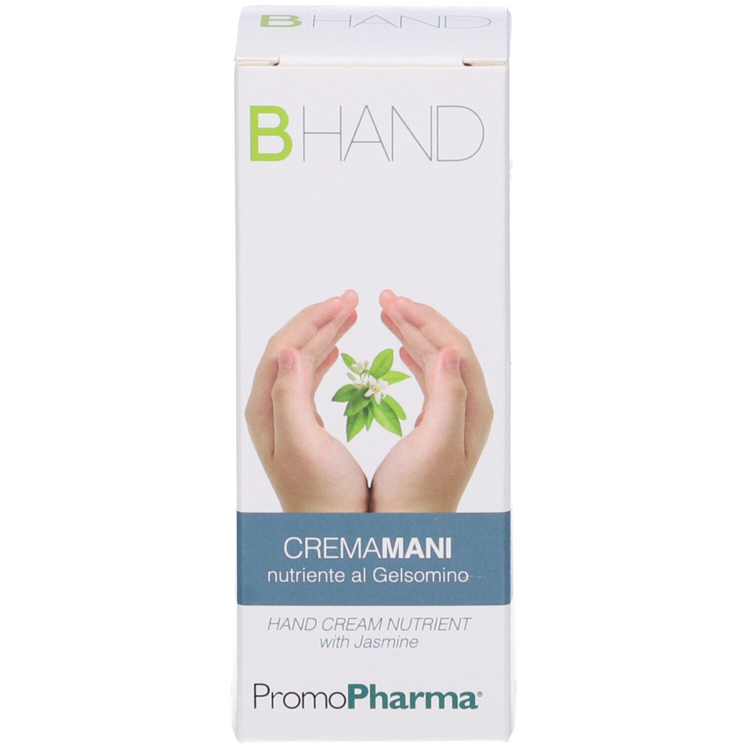 Scatola bianca con mani e fiore. Testo: CREMAMANI, Hand Cream Nutrient with Jasmine, PromoPharma.