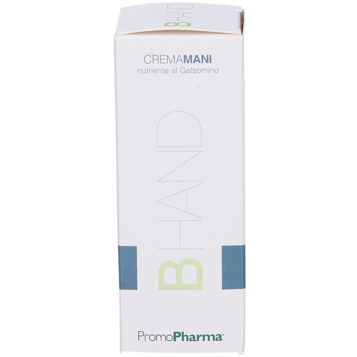 Scatola bianca con logo BHAND e testo CREMAMANI. Logo PromoPharma.