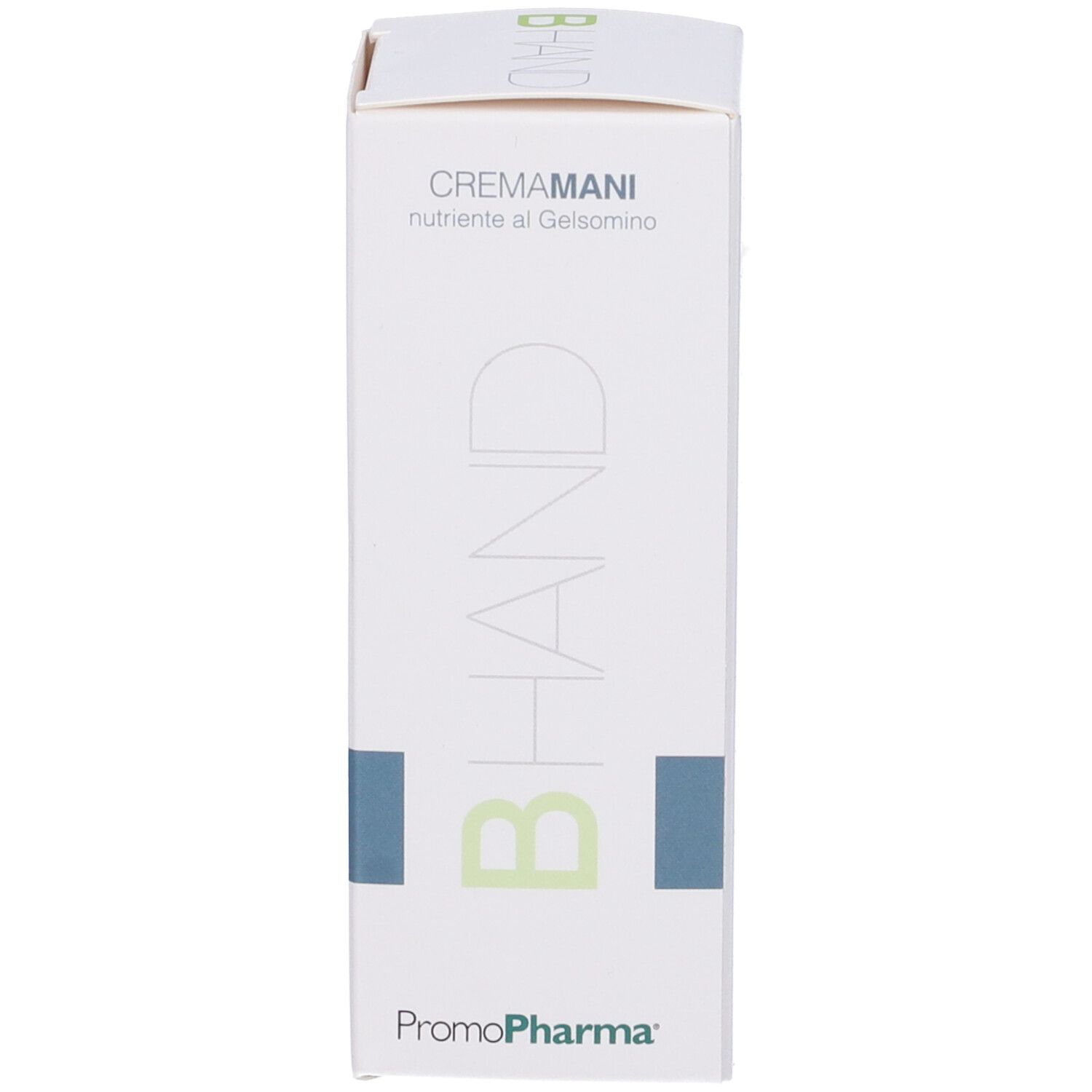 Scatola bianca con logo BHAND e testo CREMAMANI. Logo PromoPharma.