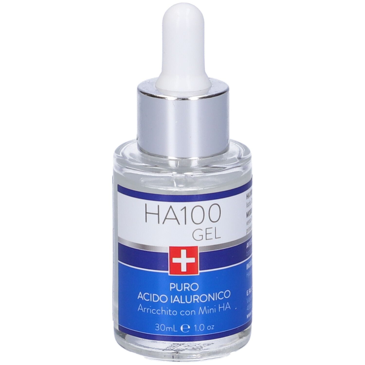Siero liquido trasparente in flacone di vetro con pipetta. Etichette blu e bianche con testo e croce rossa.
