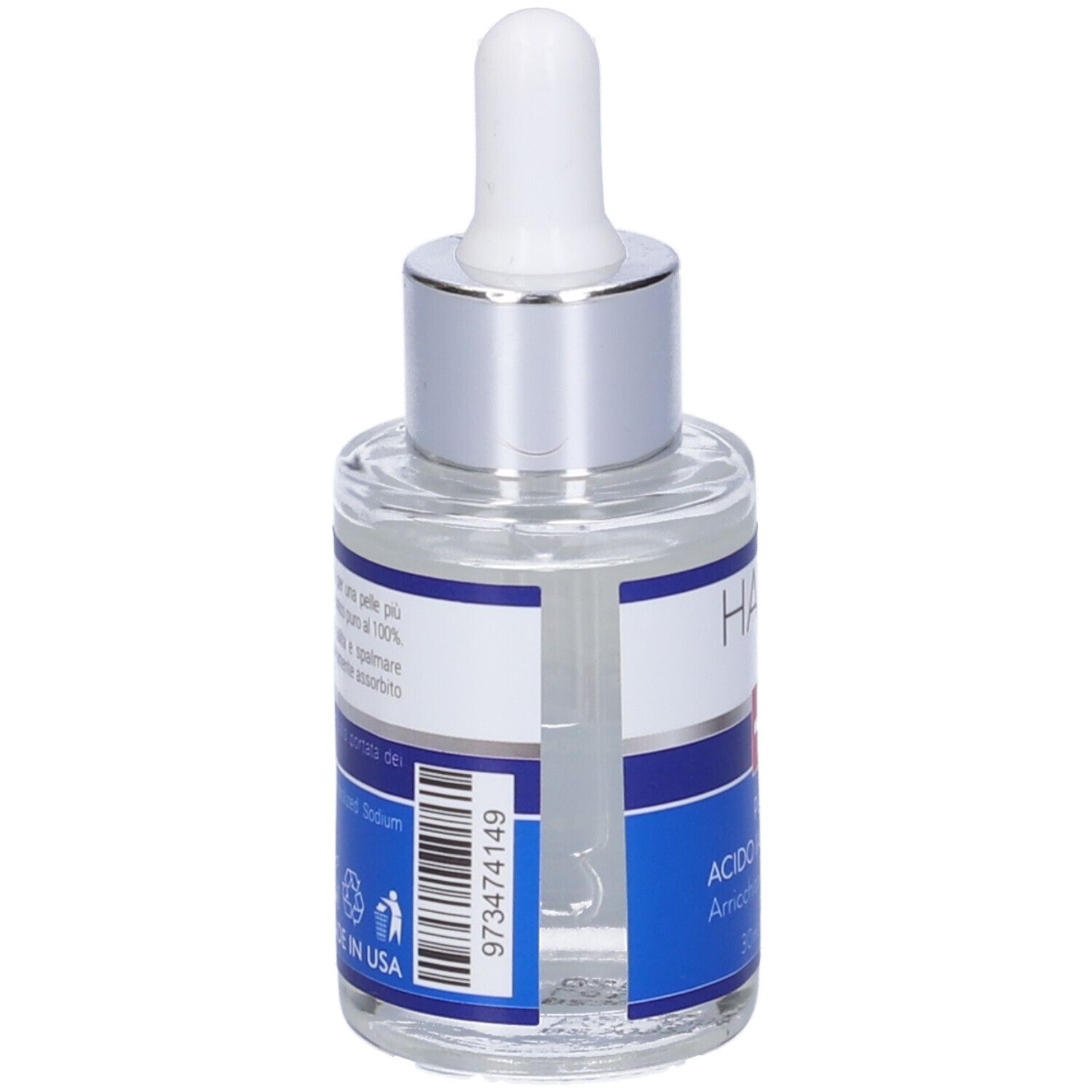 Flacone di vetro con siero, pipetta ed etichetta blu. Codice a barre e testo sull'etichetta.