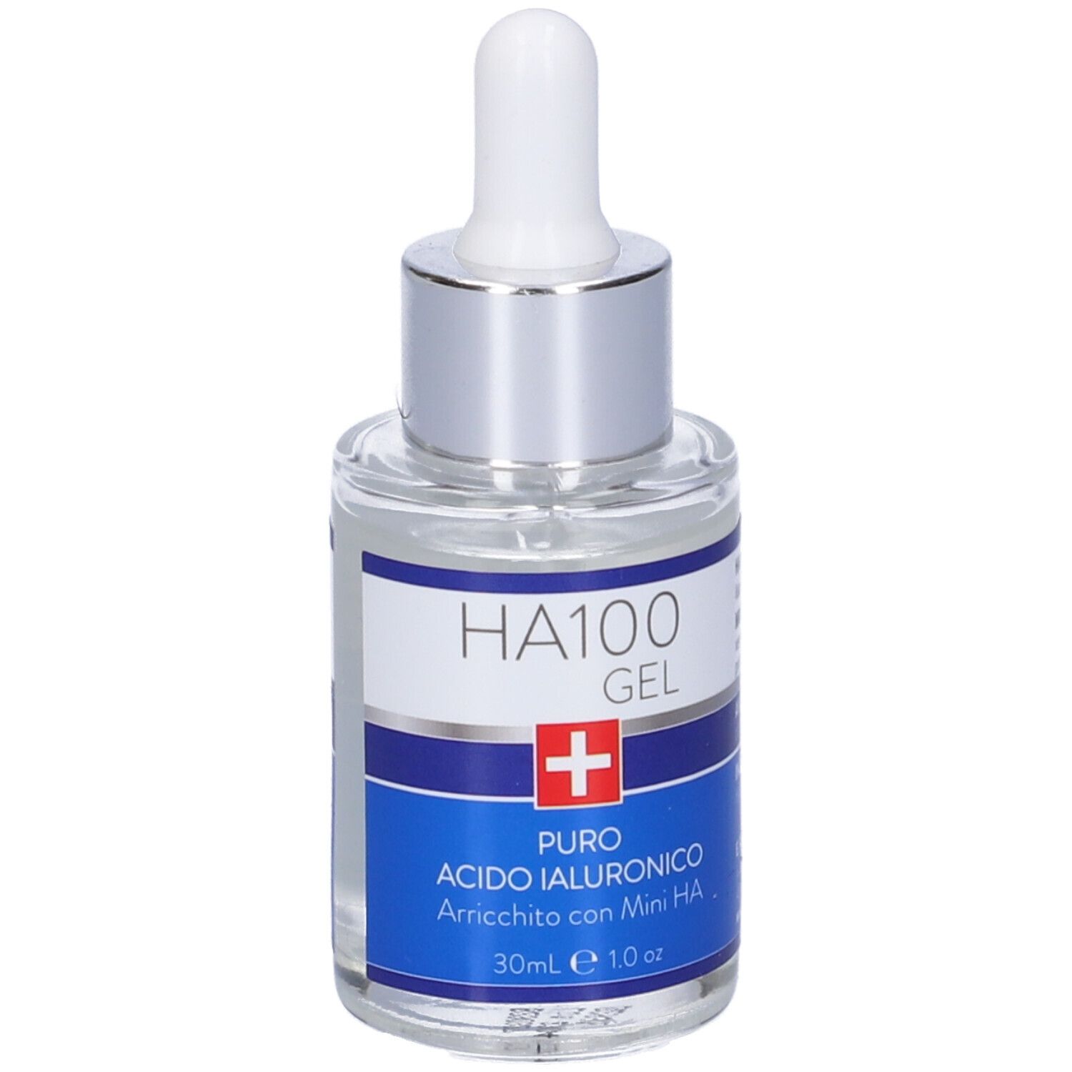 Siero liquido trasparente in flacone di vetro con pipetta. Etichetta blu e bianca con testo e croce rossa.
