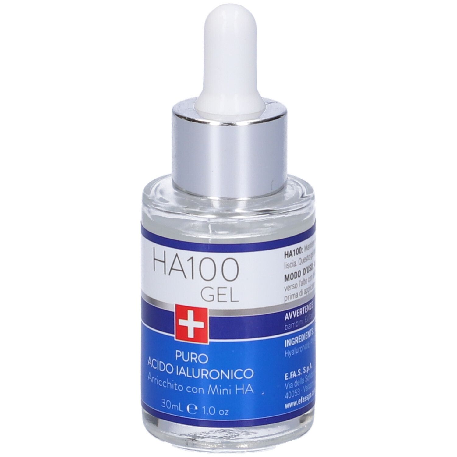 Flacone di vetro con siero, pipetta ed etichetta blu. Testo e croce rossa sull'etichetta.