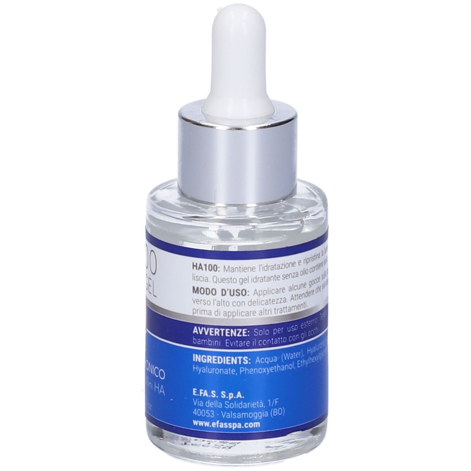 Flacone di vetro con siero, pipetta ed etichetta blu. Testo sull'uso e gli ingredienti.