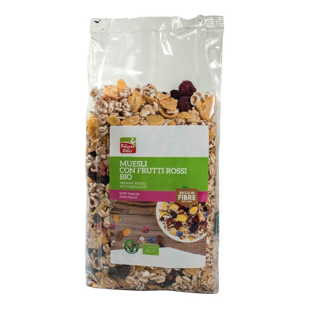 Confezione trasparente di muesli. Scritta: Muesli con Frutti Rossi Bio, marchio bio, ricco di fibre.